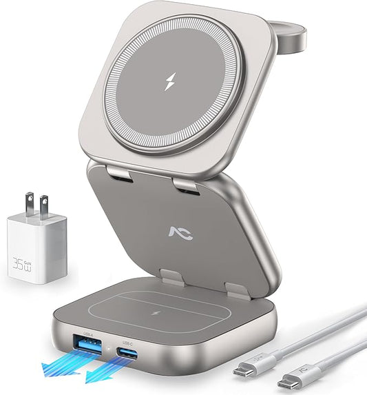 5-in-1 Wireless Charger for MagSafe, AC ISLAND Portable Travel Charging Station, 35W Max Fast Foldable Magnetic Stand, Evolved for iPhone 17-12 & Air Series, Apple Watch, AirPods (with 35W Adapter)