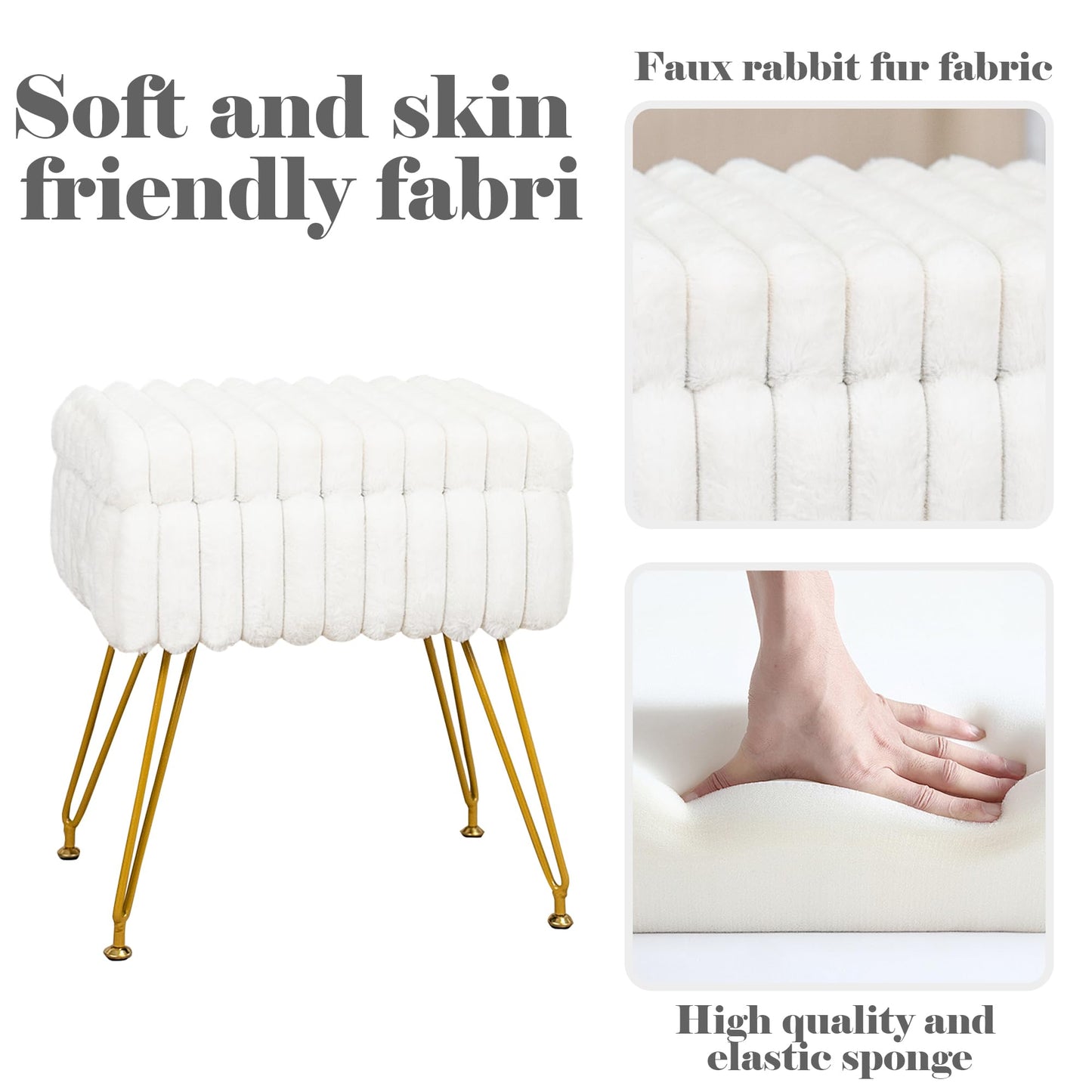 xuperbonus Faux Fur White Vanity Stool Chair with Storage Ottoman, Vanity Chair for Makeup Room, Vanity Stools for Bedroom, Footrest with Metal Legs and as a Coffee Table, White