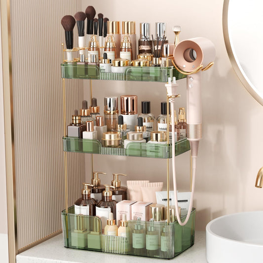 Weidace Bathroom Counter Organizer for Vanity, Makeup Organizer Countertop with Holder, Large Capacity Storage Rack, Perfect Large Skincare, Hair Care, Perfume, Easy to Install (Green, 3Tiers)