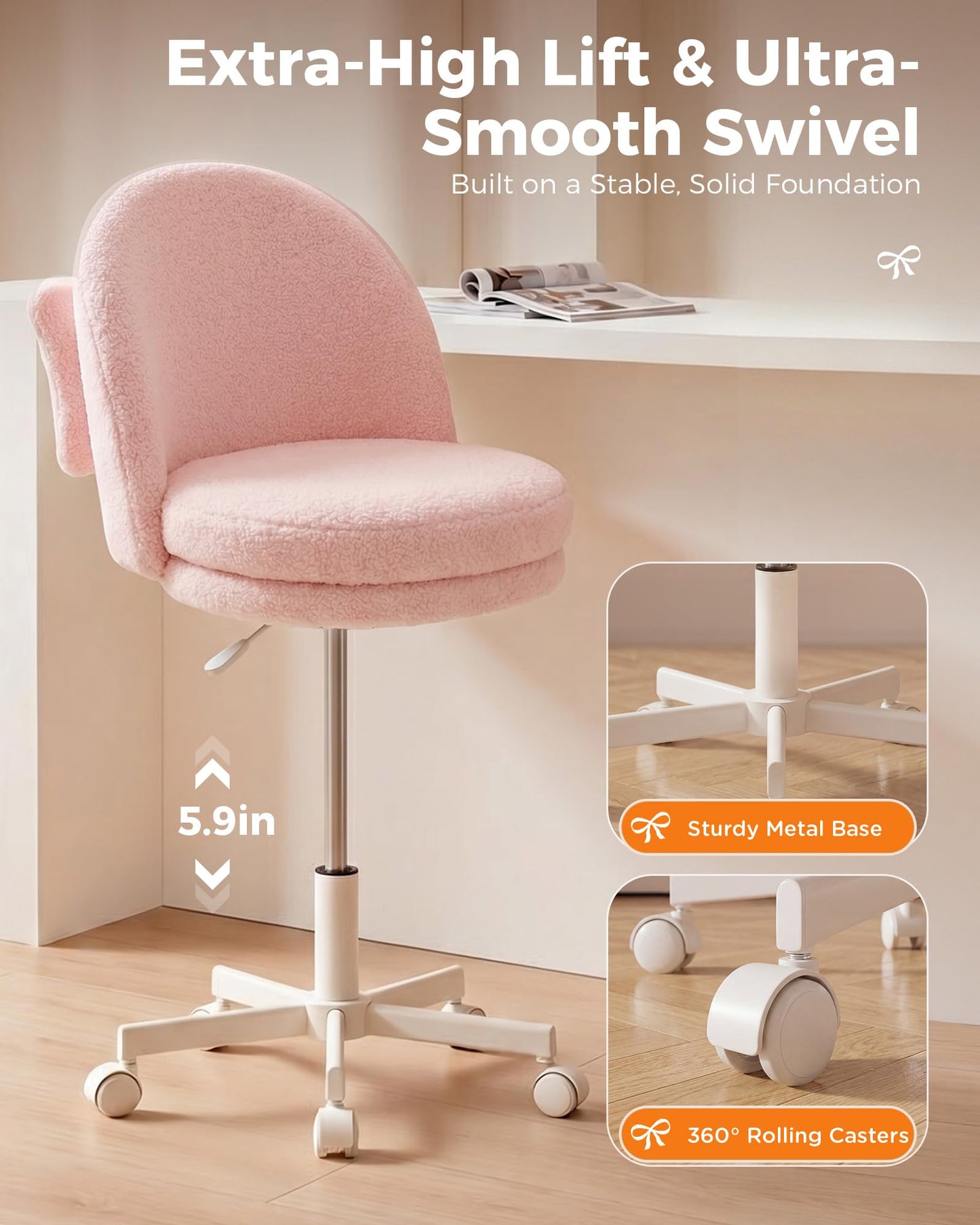 GTPLAYER Velvet Tall Office Chair with Wheels Vanity Chairs with Back, Versatile Height Use: Office to Bar Stools Small Ergonomic Comfy Armlees Computer Desk Chair with Bow Lumbar Pillow for Gift