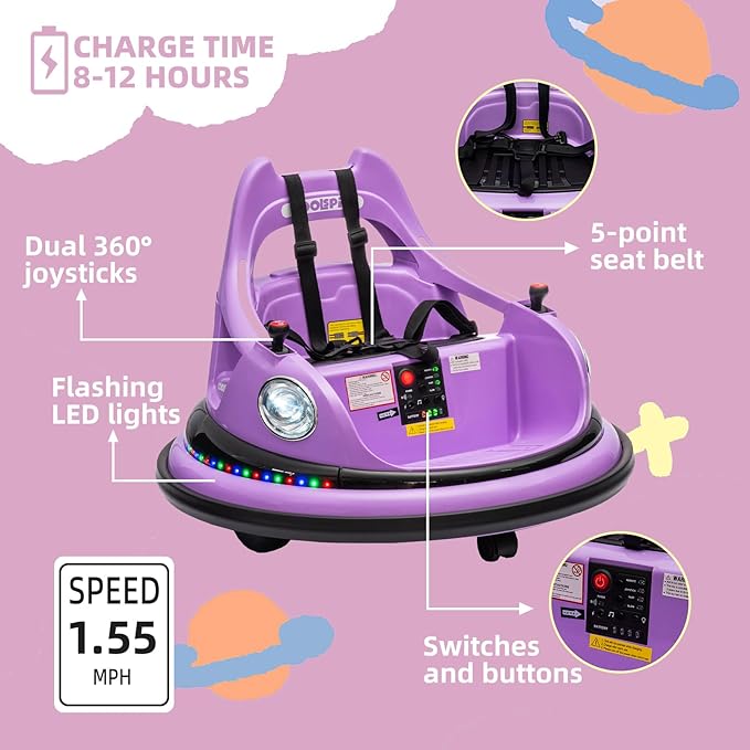 12V Bumper Car for Kids, Bumper Car for Toddlers W/Remote Control, Electric Ride On Car with LED Lights & 360 Degree Spin, Bluetooth, Anti-Collision Padding 5-Point Safety Belt, Purple
