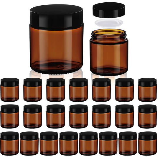 Vitreaux 4oz Amber Glass Jars with Lids,24 Pack Small Glass Jars with Black Lid,Leakproof Airtight Reusable Empty Cosmetic Containers with Inner Liners for Lotion,Body Scrub,Candle Making&Cream