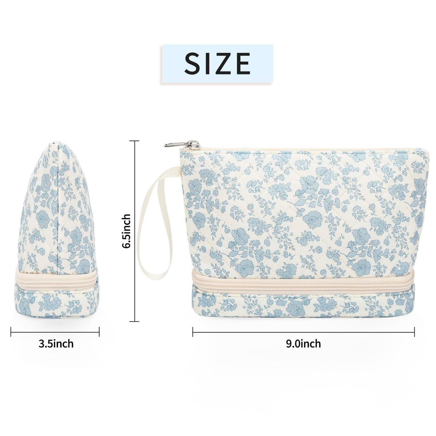 Ethereal Small Makeup Bag, 2 Layers Travel Make up Organizer Bag with Makeup Brush Holder, Portable Cosmetic Bag for Women/Girls, Blue Flower