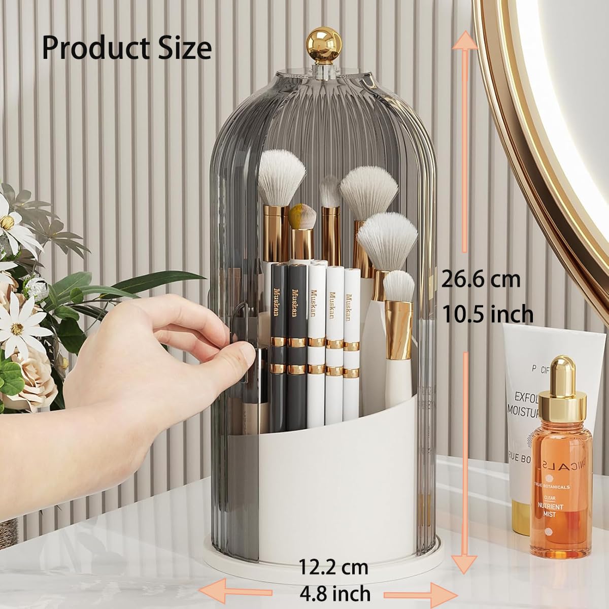 Makeup Brush Holder Organizer 360° Toothbrush storage rack,Beauty Brushes Storage, Makeup Brush Holder with Lid, Waterproof Dustproof Beauty Brushes Storage for Vanity (Grey-White)