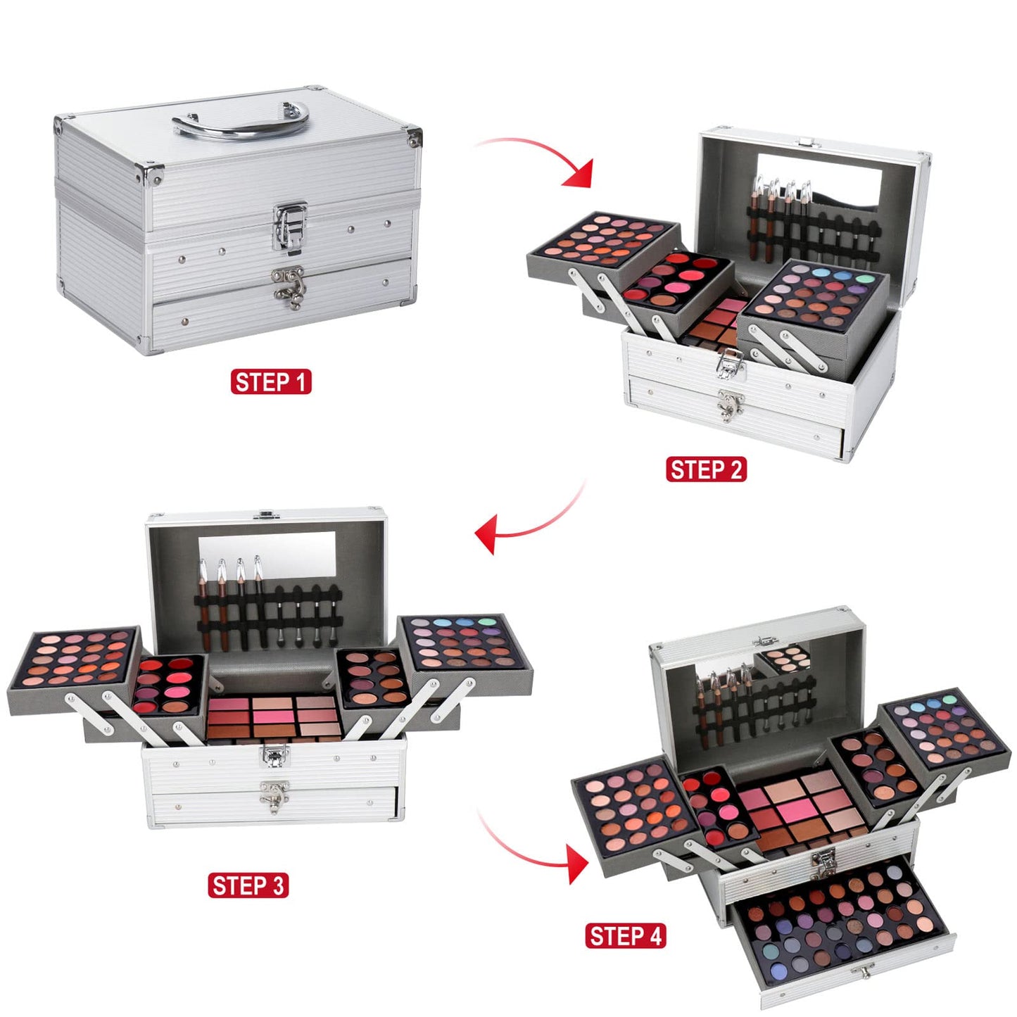 JasCherry All-in-One Make-up Box Set Multi-purpose Cosmetic Storage Beauty Case Professional Contain Eyeshadow Blusher Lip Gloss Cream Brow Powder Highlight and Makeup Pencil Brush #1