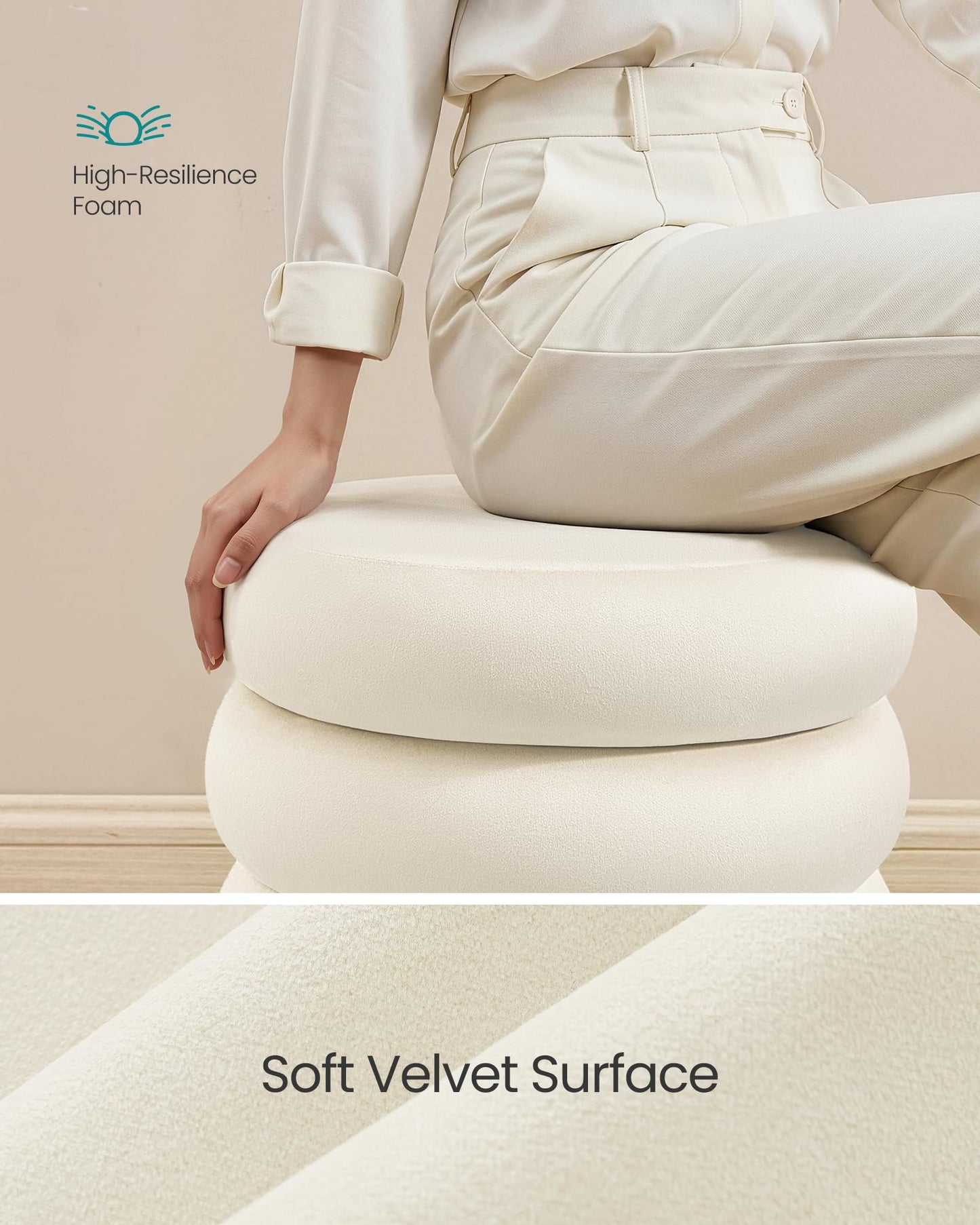 SONGMICS Vanity Stool, Round Ottoman with Storage, Upholstered Foot Stool, Removable Lid, for Living Room, Bedroom, Easy Assembly, 16.9 x 16.9 x 18.5 Inches, Velvet Fabric, Cream White ULOM018LH01
