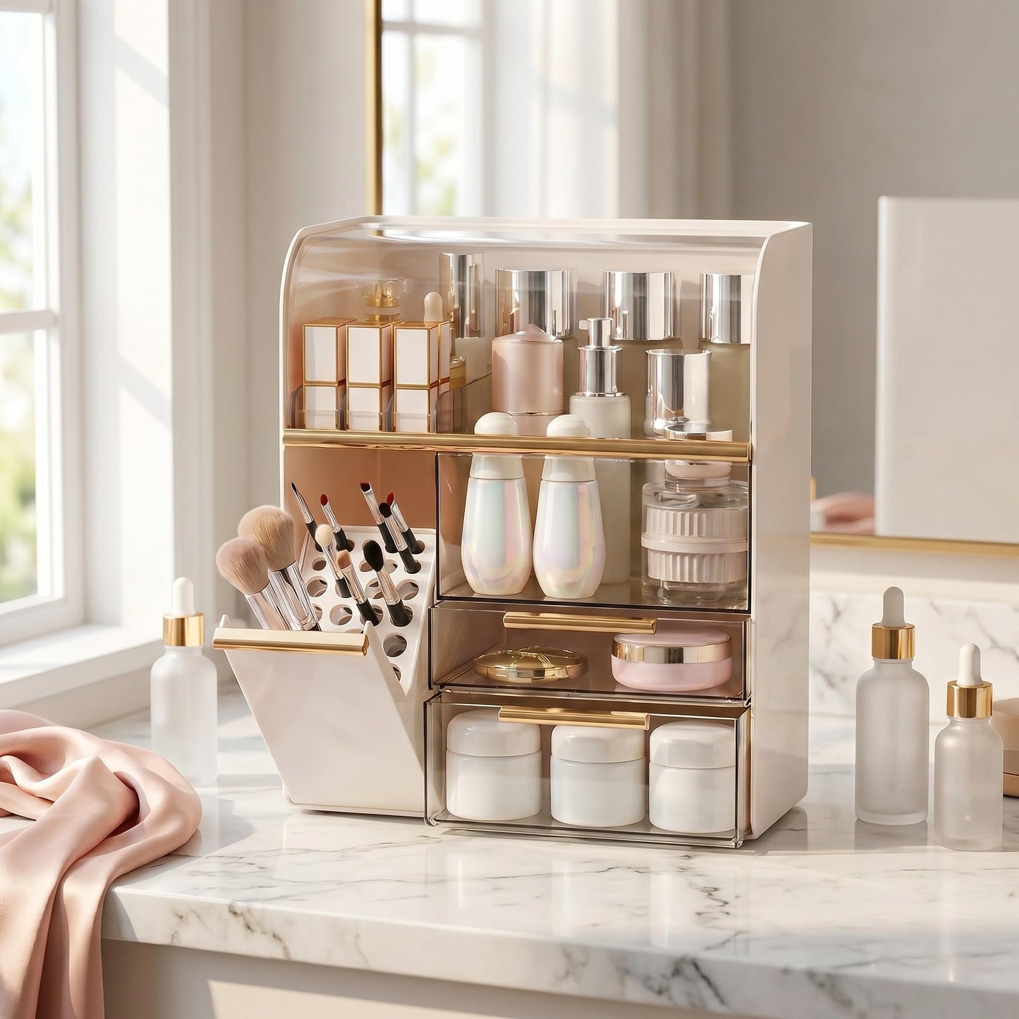 Large Cosmetic Display Case with Brush Holder,Holds 40+ Skincare & Beauty Essentials,6 Compartments & 2Drawers,Acrylic Makeup Dustproof Transparent Design