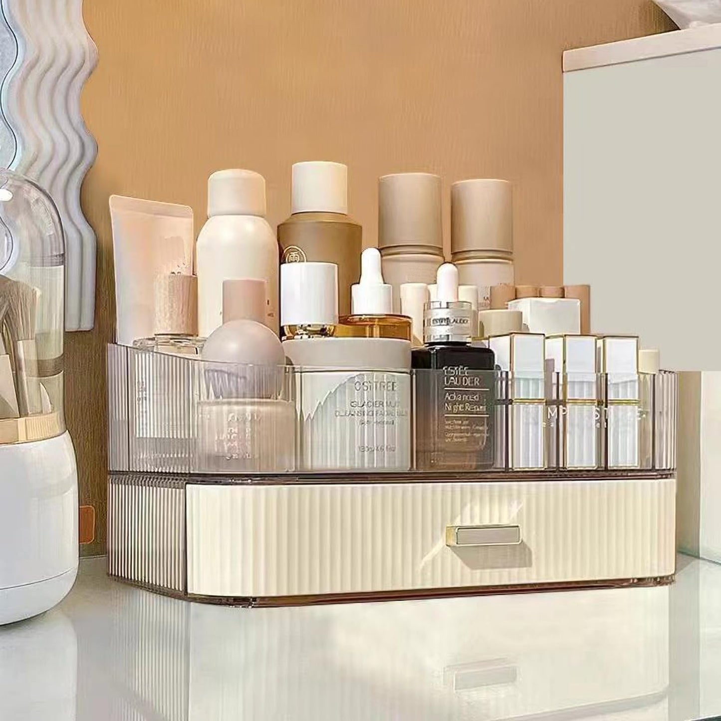 MIUOPUR Makeup Organizer with Stackable Drawers, Bathroom Vanity Organizers and Storage, Ideal for Desk and Dresser Countertops, Great for Cosmetics, Skincare, Lipsticks, Nail Care - Cream