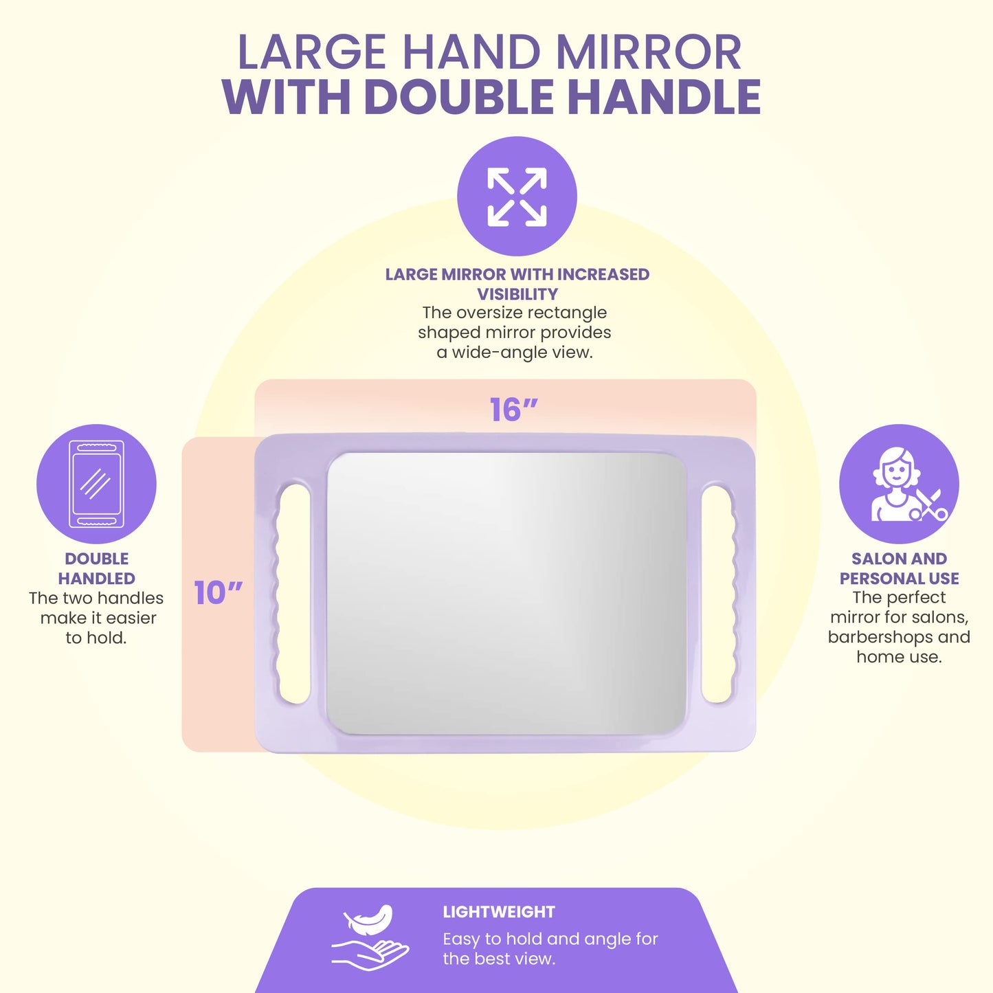 Large Hand Mirror with Double Handle - Rectangular Hand Held Mirror with Handle - Hair Salon Equipment Hairstylist and Barber Accessories (Lavender Purple)
