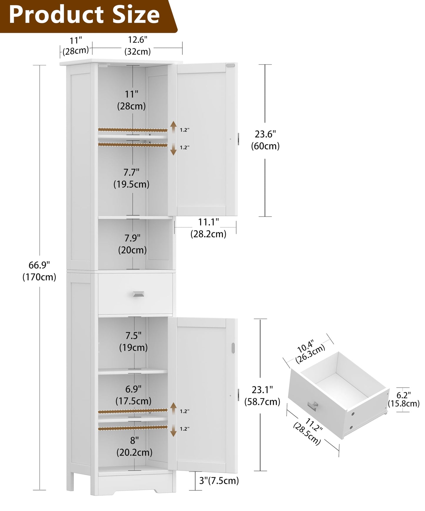 Akxoml Tall Bathroom Storage Cabinet with 2 Doors, 67" H Narrow Floor Cabinet with Adjustable Shelves and Drawer, Anti-Tip Design, 11.0 x 12.6 x 66.9 Inches, for Bathroom, Kitchen，Entryway, White