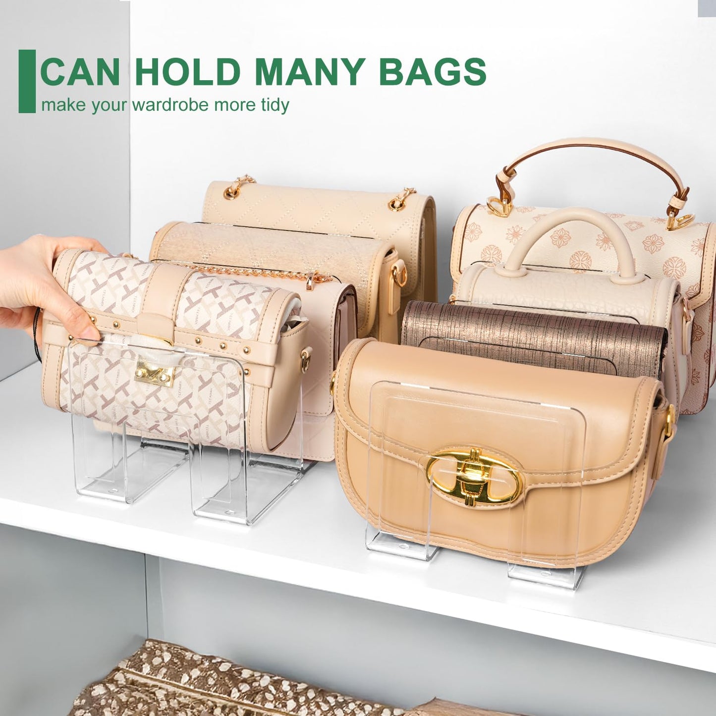 AMZABBY 2 Pack Acrylic Purse Organizer for Closet, 8-Slot Bag & Purse Organizer, No Assembly, Clear Handbag Storage Shelf .for Shelf Divider Handbags, Clothes, Sweater