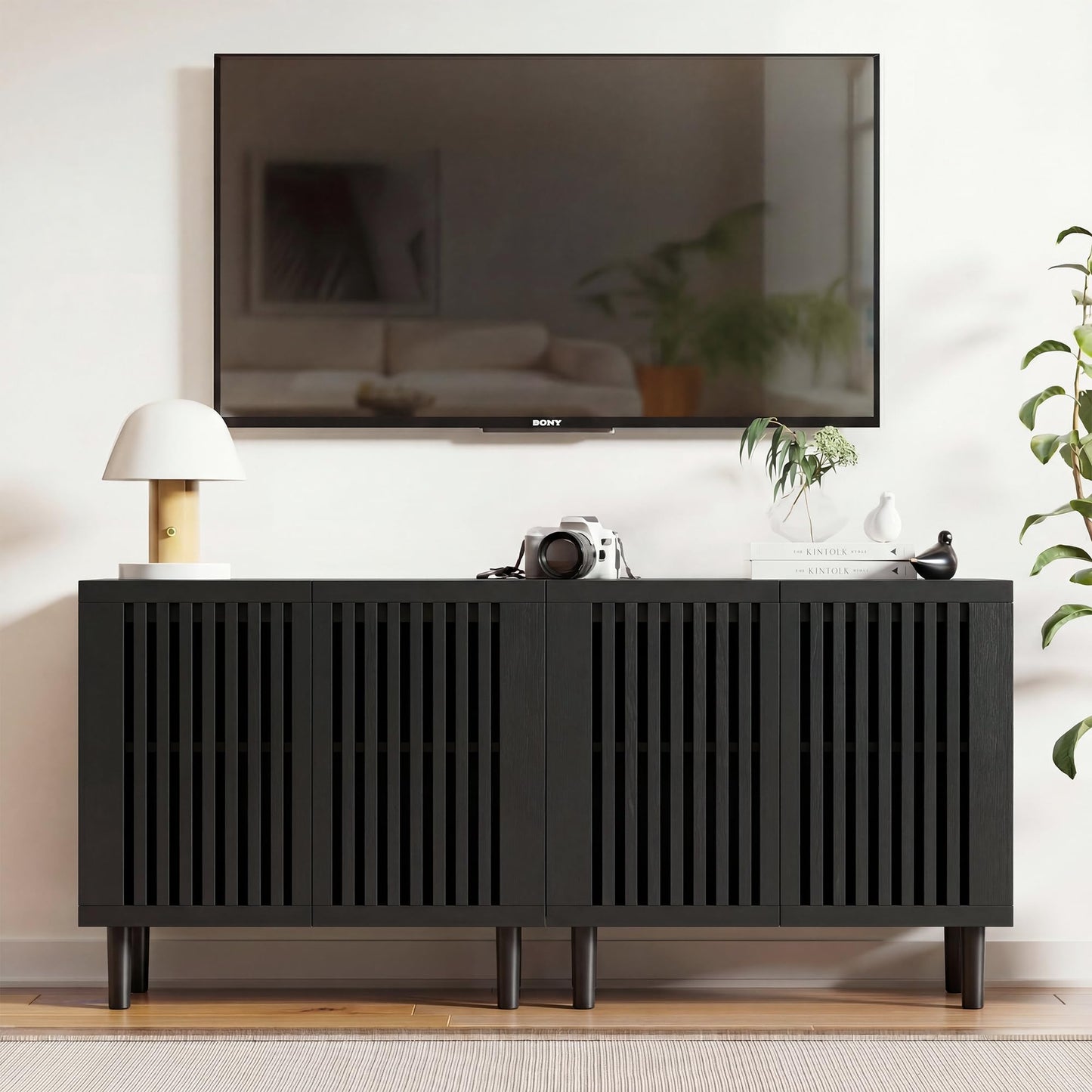 CHUWELL 31.5" Farmhouse Buffet Cabinet with Storage, Modern Black Sideboard Coffee Bar Cabinet with Grille-Striped Doors & Adjustable Shelf, Accent Storage Cabinet with Solid Wood Feet for Dining Room