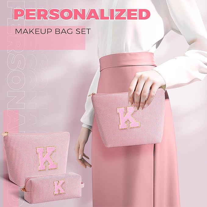 Monogrammed Gifts for Women - Cosmetic Bag for Teen,Initial Cute Makeup Bag Set for Women,Trendy Pouch for Niece Sister Friend Female Her,Birthday Gifts for Daughter - Peach,K