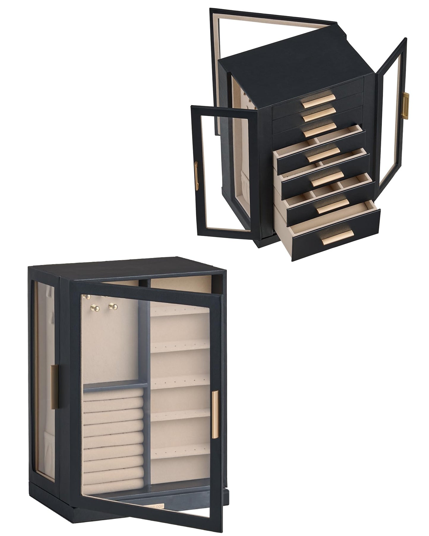 Glimmloop 360° Rotating Jewelry Box with 7 Drawers, Spacious Vertical Jewelry Organizer with Glass Window, Jewelry Storage Case, Dustproof & Moisture-resistant Design, Black