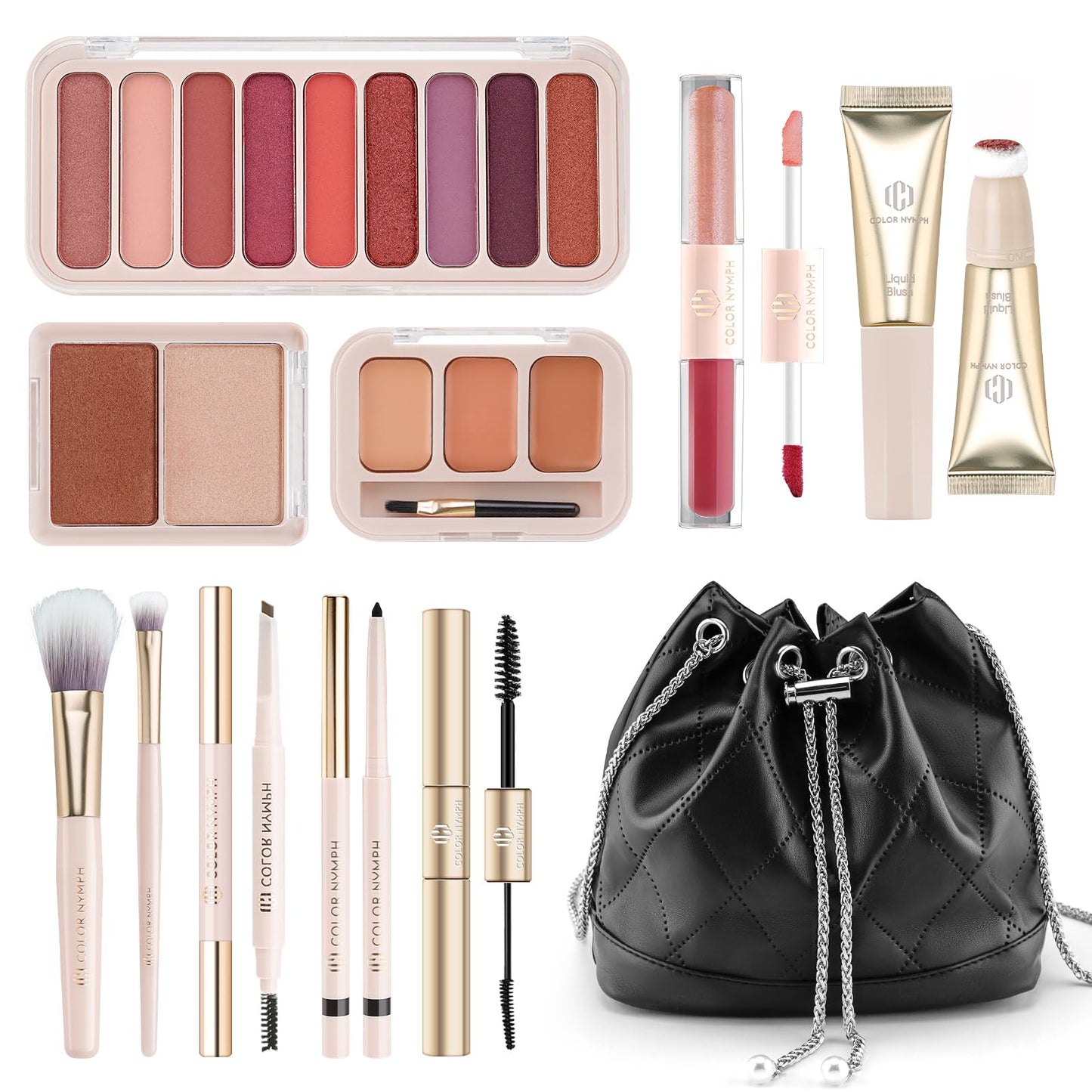 Color Nymph Makeup Sets For Women, Teen Girls With Travel-Friendly Makeup Kits Bag Included 9 Color Eyeshadow Palette Concealer Liquid Blush Eyeliner Lipgloss - #01