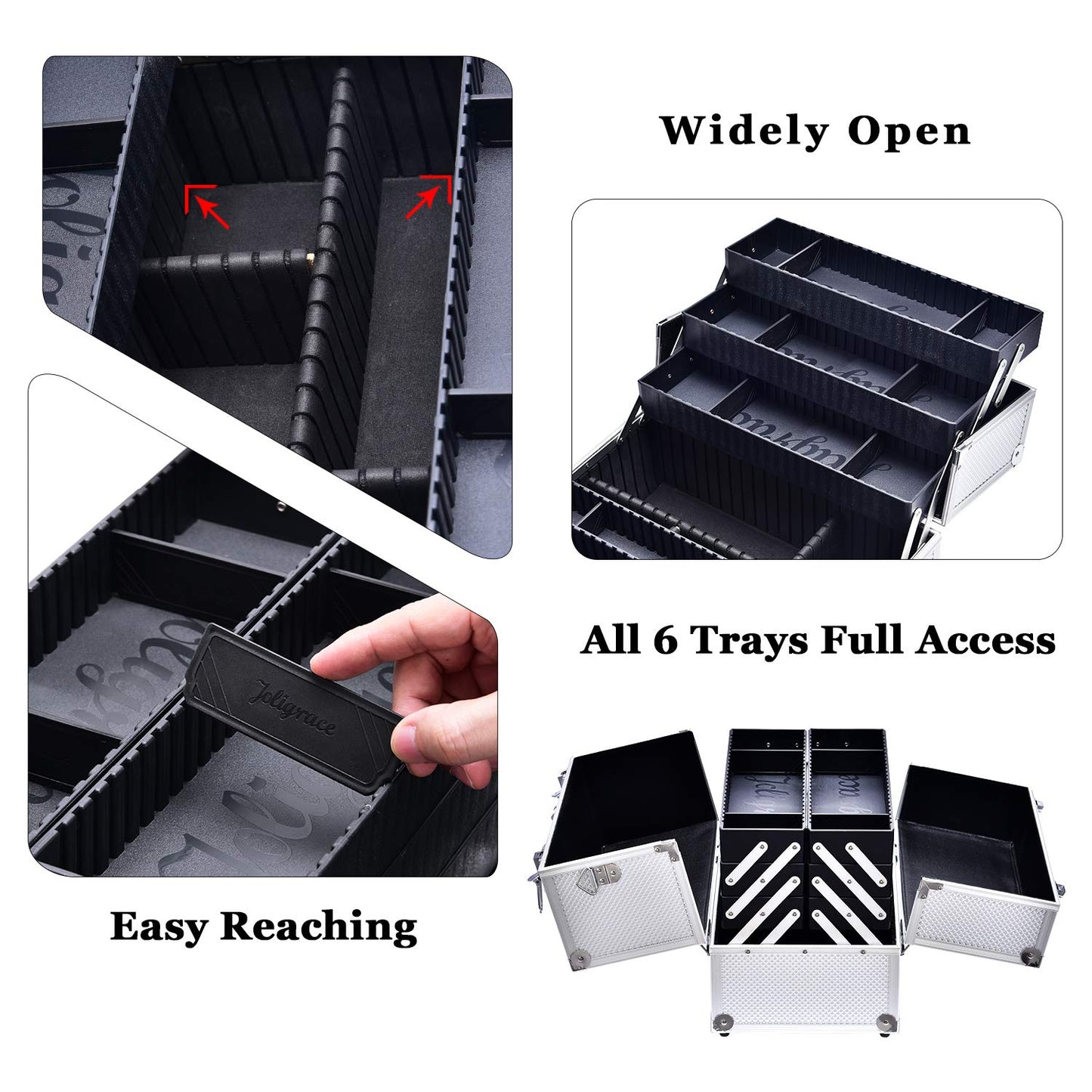 Joligrace Extra Large Makeup Train Case 6 Tray Make Up Artists Organizer Box Lockable Cosmetic Jewelry Toiletries Carrier Crafters Tool Cases with Adjustable Dividers & Shoulder Strap - Silver