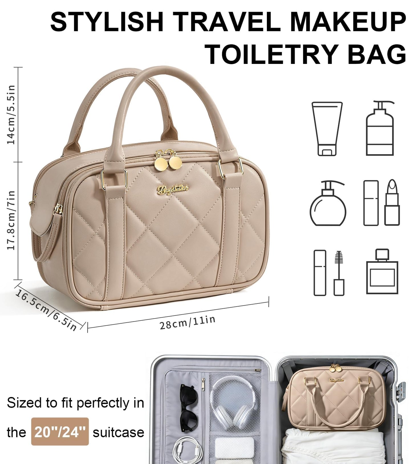 Bagstellar Travel Makeup Bag, Large Capacity Quilted Toiletry Bag for Women Stand-up Cosmetic Bag Open Flat Make Up Case Organizer Portable Pouch Purse w/Handle for Traveling Accessories, Camel