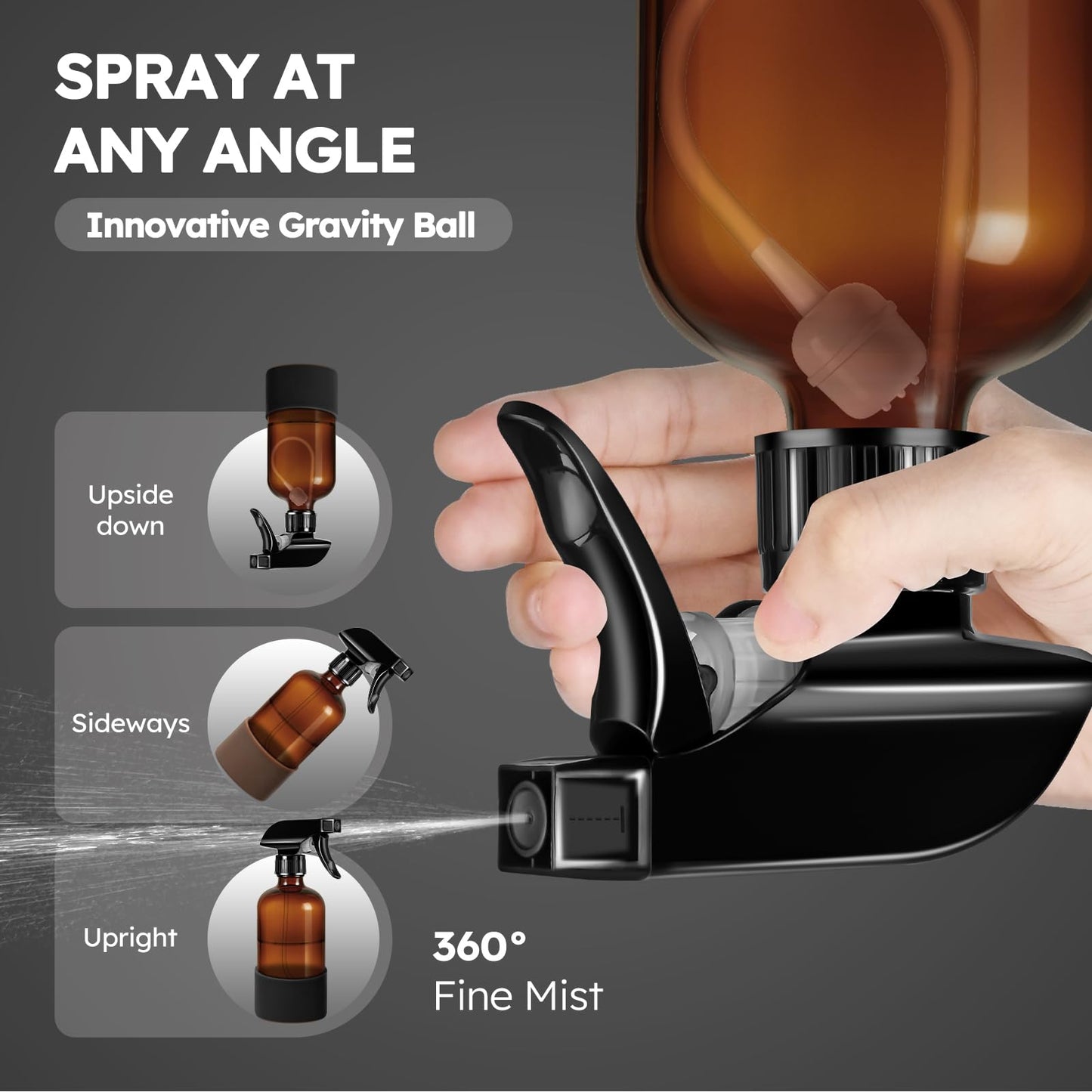 Tecohouse 2 Pack 360° Amber Glass Spray Bottles with Silicone Sleeve, 16 oz Empty Refillable Containers with Adjustable Spray Nozzles, Dark Spray Bottles for Cleaning Solutions, Plants (Black & Brown)