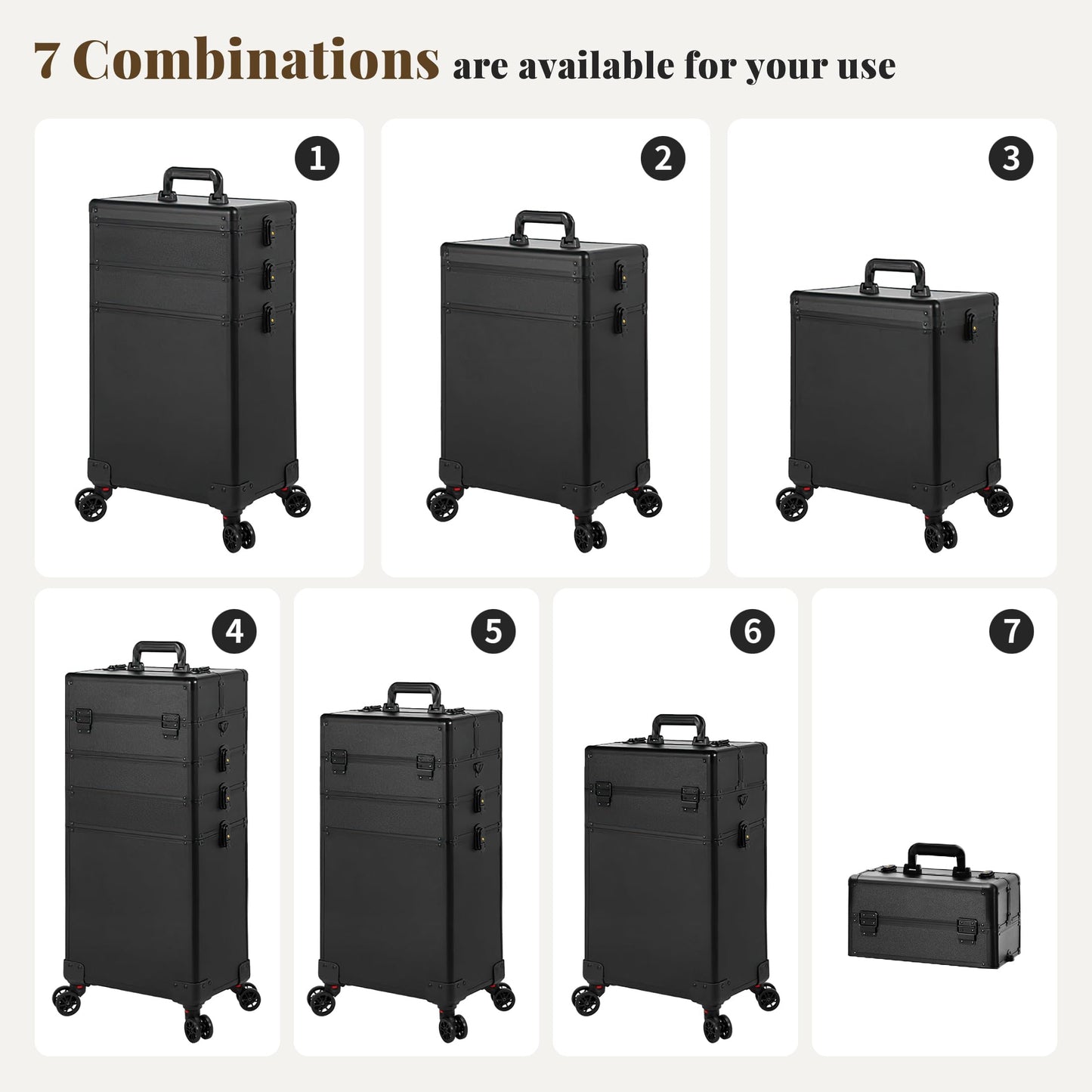 JINGUAN Profesional Rolling Makeup Train Case with Lid, 5 in 1 Cosmetology Case on Wheels, Large Cosmetic Trolley Organizer Travel for Hairstylist Artist Nail Beauty Salon Barber, Black
