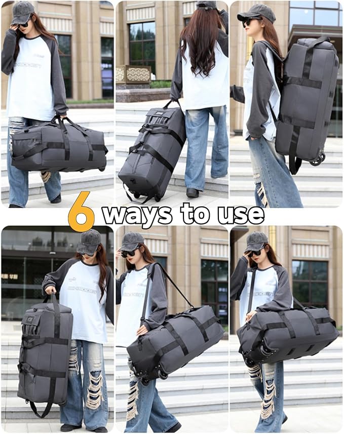 Rolling Duffle Bag with Wheels, 92L 34” Folding Duffle Backpack Soft-Sided with 2 Wheels, 6-way Carry-On Large Travel Bag Men/Women Multiple Pockets for Long Trip, Grey