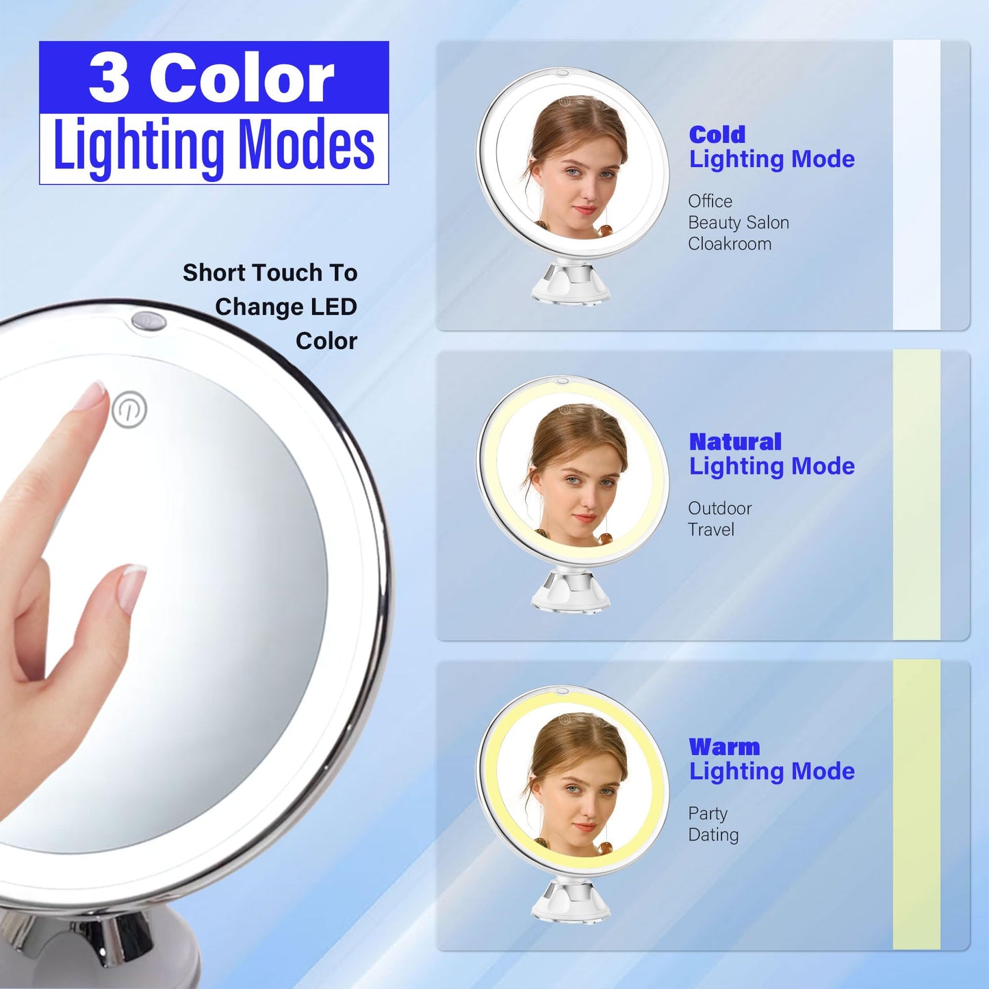 Snowflakes 10x Magnifying Lighted Makeup Mirror with Lights, Suction Cups, and 360° Swivel – Touch Control, 3 Light Modes – Ideal for Home, Bathroom Vanity, and Travel