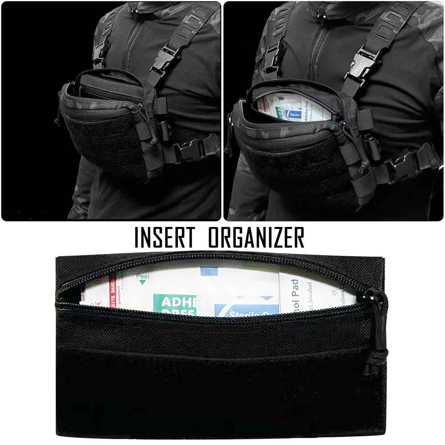 Tactical Admin Zipper Pouch with Hook and Loop, Carry On Bag Insert EDC Organizer Utility Storage Pocket Wallet for Snack Backpack Accessories Chest Ring (2 Pack-Black)