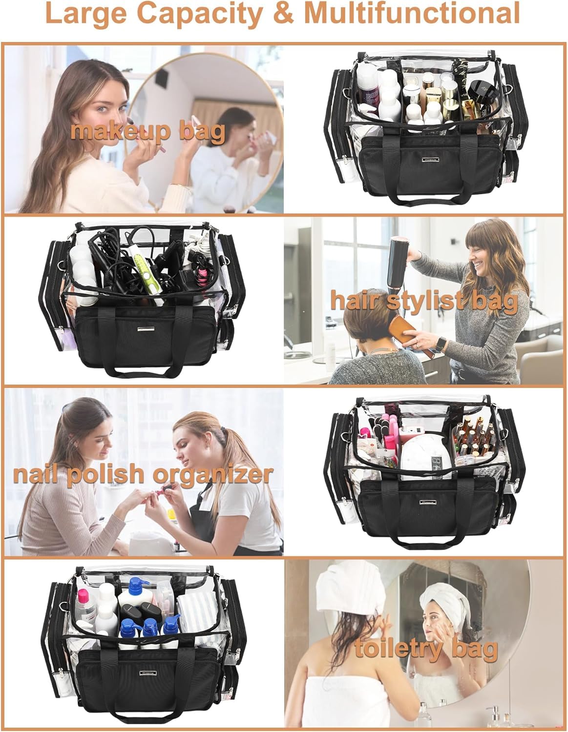 Relavel Clear Makeup Bag with 4 Small Pouches, Extra Large Makeup Artist Kit Set, Cosmetic Storage Organizer Transparent Tote Beach Toiletry Bag with Adjustable Dividers & Shoulder Strap