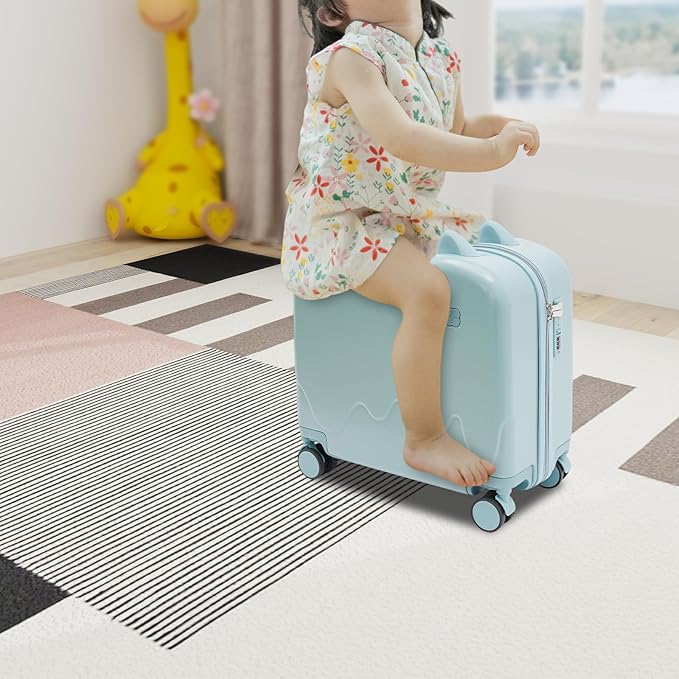 Kids Ride-On Suitcase, 18" Rolling Luggage With Lock, Carry on Hardside Trolly Case for Short Trips, Study Tours, Outings, Sky Blue