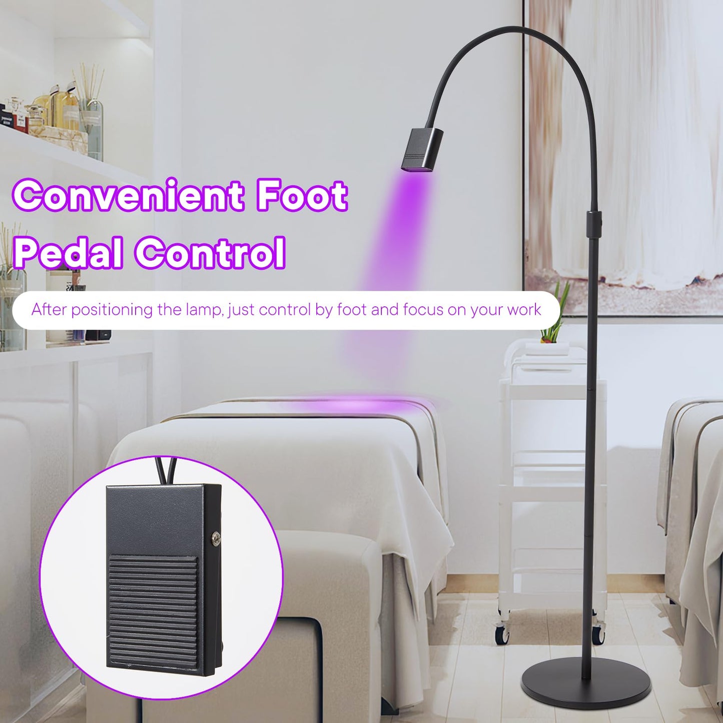 15W UV Lash Light with Foot Pedal Lash Lamp for Eyelash Extension Grafting Eyebrow Beauty Salon, 360°Adjustable UV Hair Extensions Lash Floor Lamp for Eyelash Tech, Rapid Dry in 2-3 Seconds, Black C