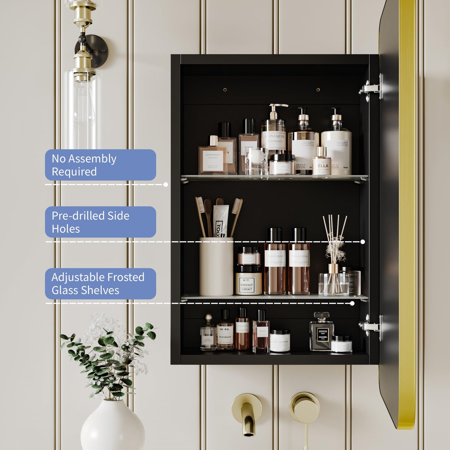 AGDULL Vintage-Style Bathroom Medicine Cabinet, Surface Mount or Recessed, Wood Wall Cabinet with Brushed Gold Metal Frame Curved Mirror, Overall 16.5" W x 24" H