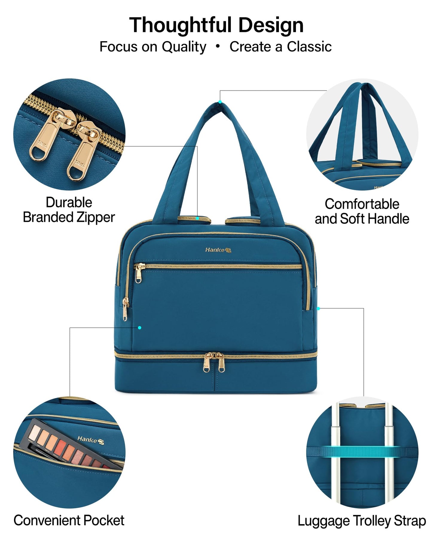 Hanke Travel Toiletry Bag, Lightweight Wide-open Large Toiletry Bags for Women, Dual-Layer Makeup Bag Water-Resistant Cosmetic Travel Bag with Handle for Accessories, Essentials, Navy Blue