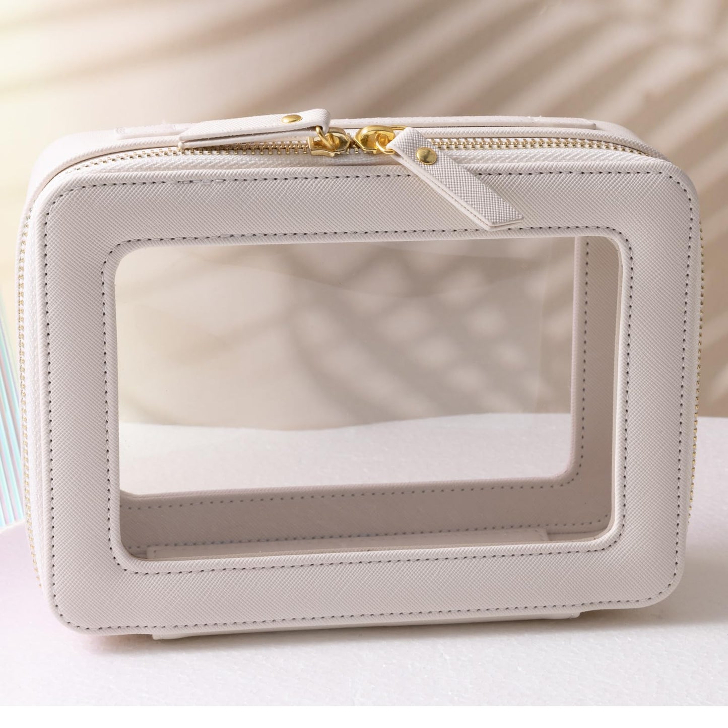 SANHECUN Toiletry bag waterproof cosmetic organizer with handle large opening for travelling car organizer (White)