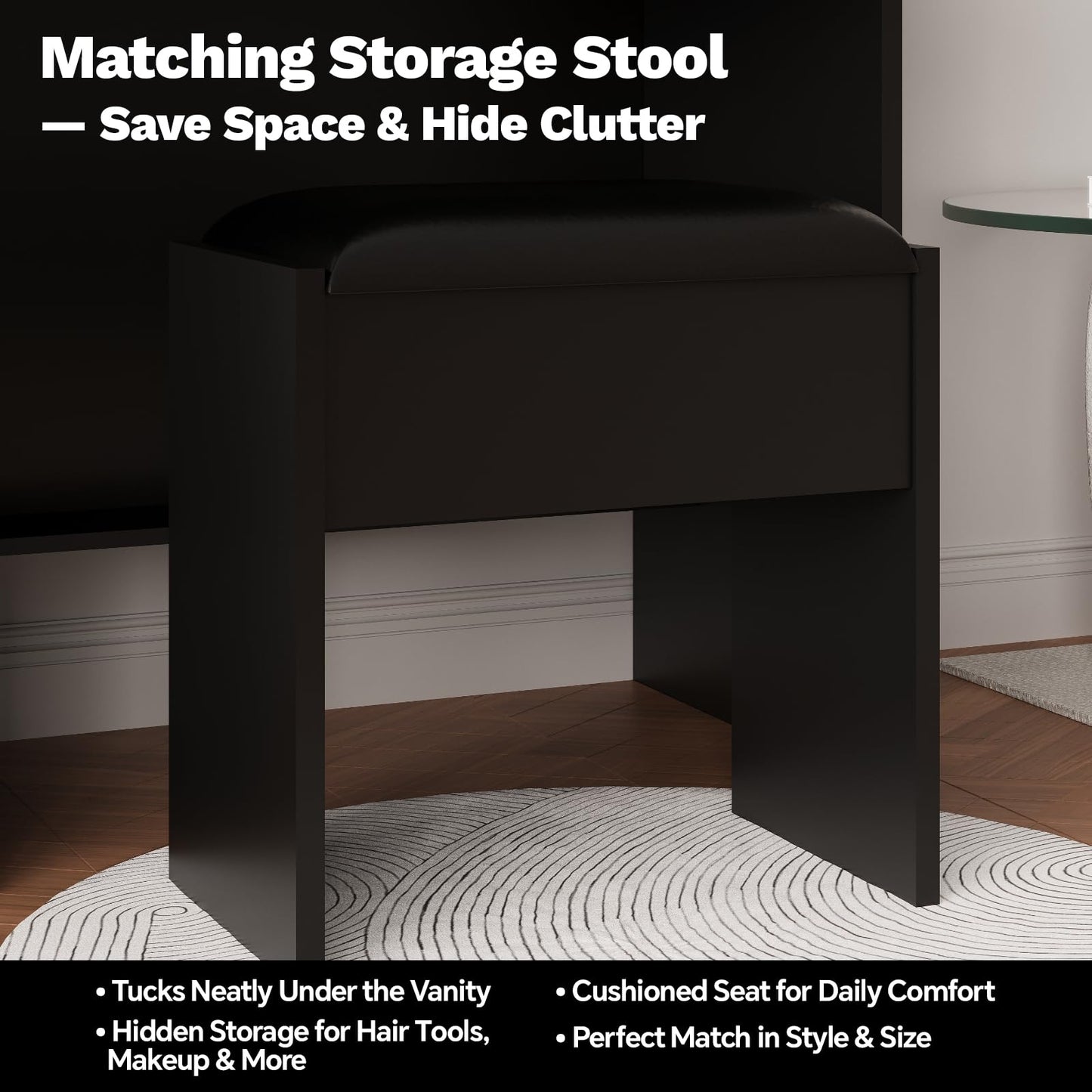 Black Makeup Vanity Desk with Mirror and Lights, Vanity Table Set with Charging Station, Dressing Table with Stool, 2 Drawers, Open Shelves, Power Outlets & USB Ports, Vanity Desk with RGB Cabinets
