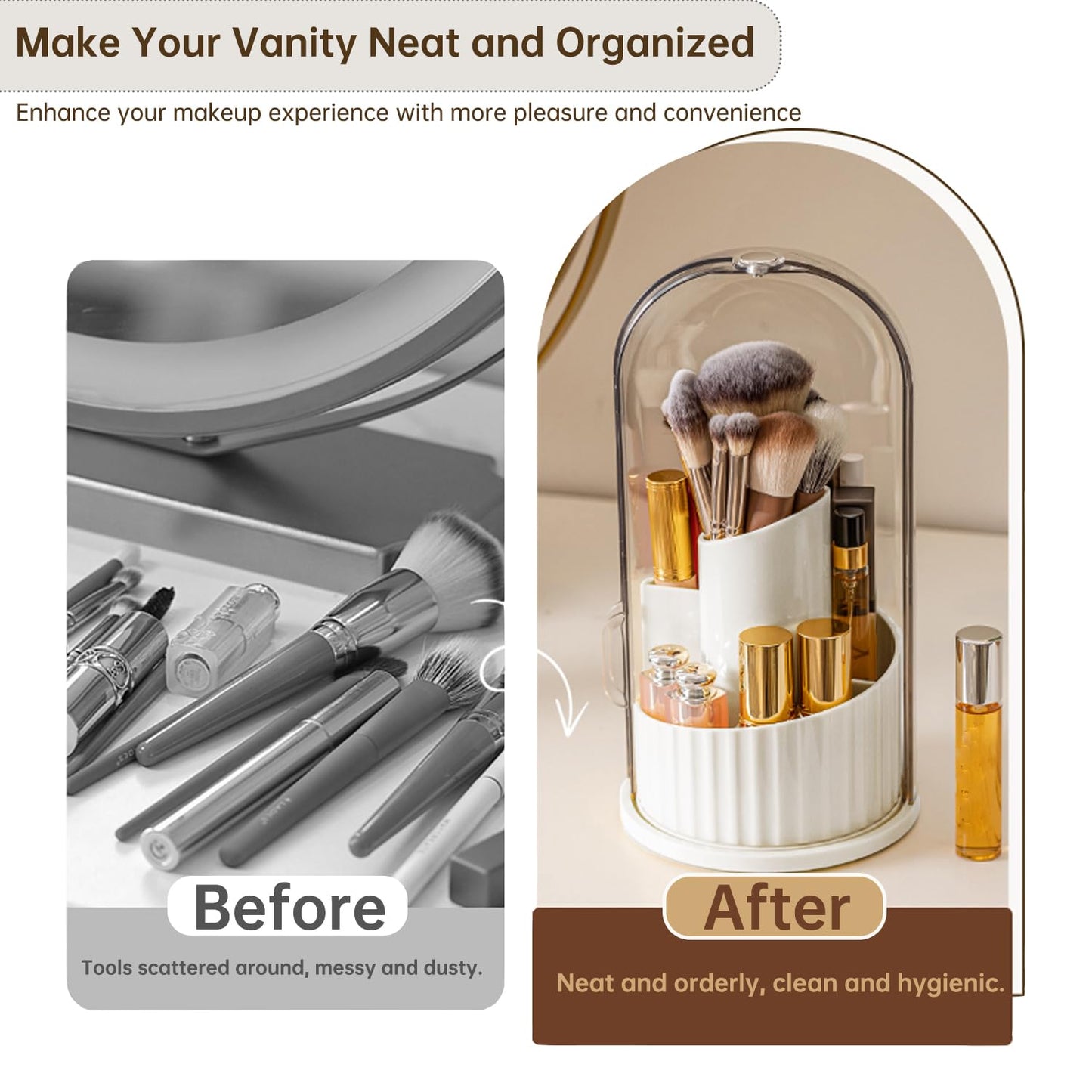 JHFart Makeup Brush Holder Organizer with Lid, 360 Rotating Dustproof Transparent Makeup Brushes Organizer for Vanity Dresser Bathroom Countertop(White with Clear Cover)