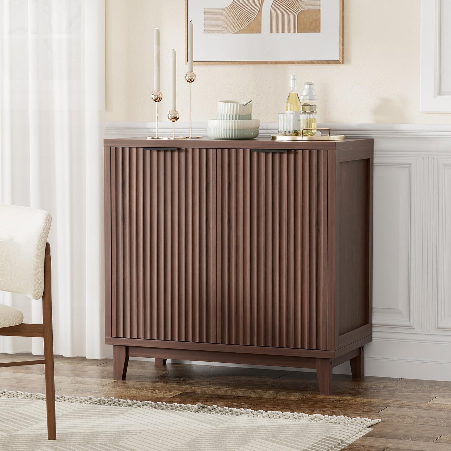 Fluted Cabinet with Storage, 2 Doors Sideboard Buffet, Mid Century Modern Accent Cabinet with Adjustable Shelves, Multifunctional Console Table with Storage for Living Room, Kitchen, Entryway