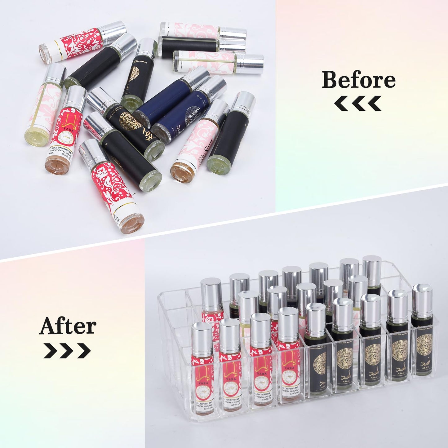 IPENP Rollerball Perfume Organizer, Beauty Scent Holder, 36 Space Clear Acrylic Perfume Organizer Refillable Container Tall Scented Oil Storage Display Case, Makeup Lipgloss Lipstick Display Case