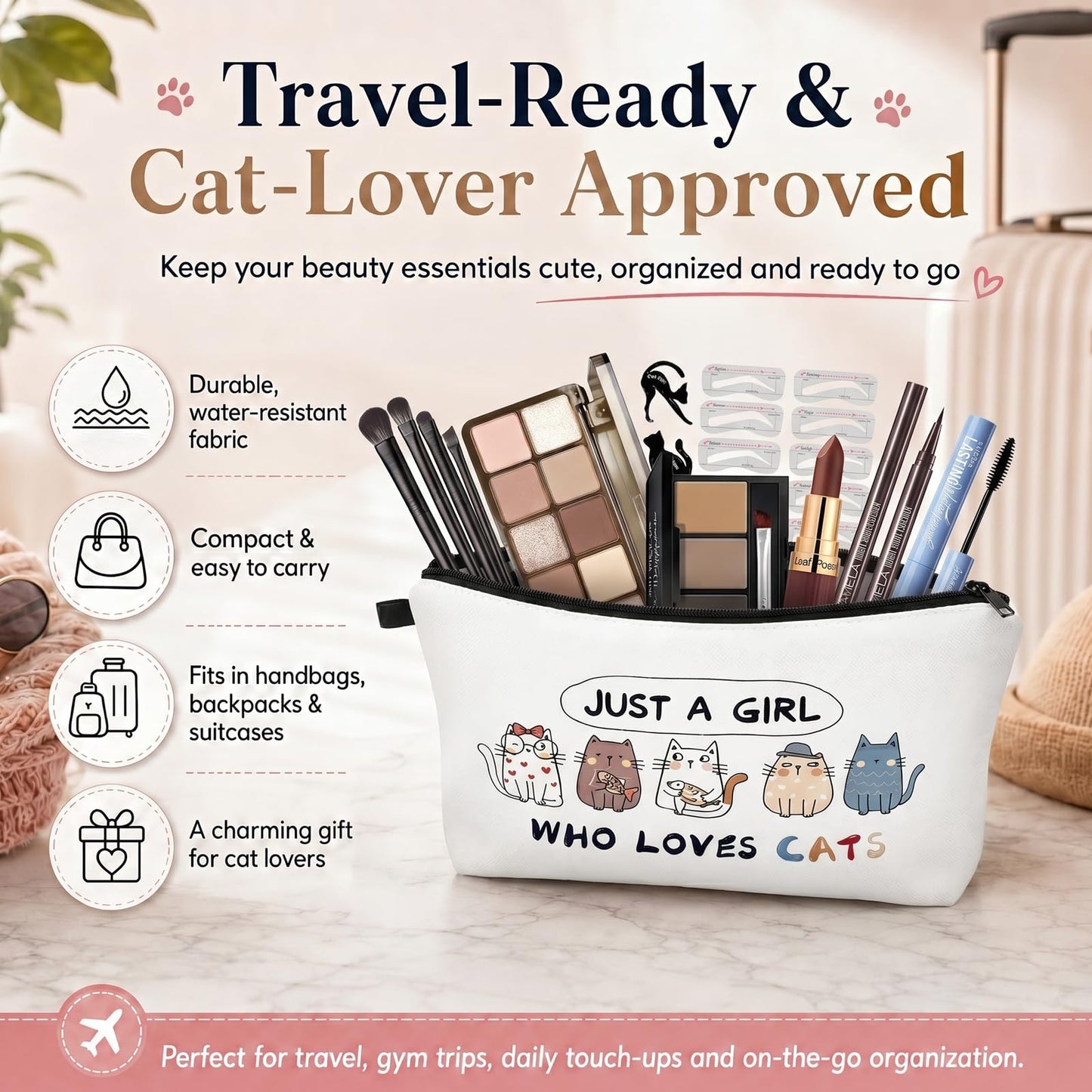 Basic Eye Makeup Kit for Women, 90s Neutral Eyeshadow, Brow Powder, Brow Stencils, Cat Eyeliner Guides, Taupe Matte Lipstick, Cat Lover Cosmetic Bag & etc. - Perfect Makeup Gift Set for Girls & Teens.
