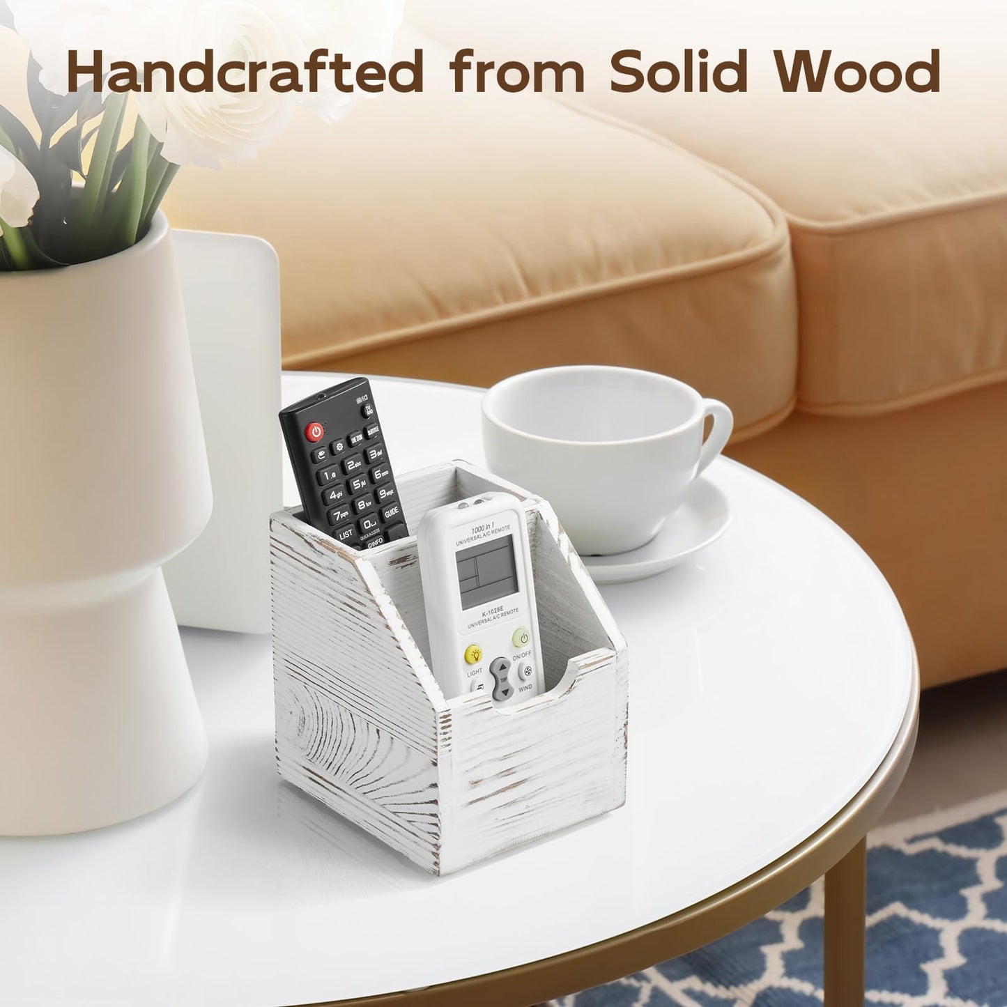 BWODYAY Remote Control Holder, TV Remote Holder, Wood Farmhouse Remote Caddy for Table, Remote Organizer Caddy with 2 Slots, Remote Storage Box for Home Office Rustic White