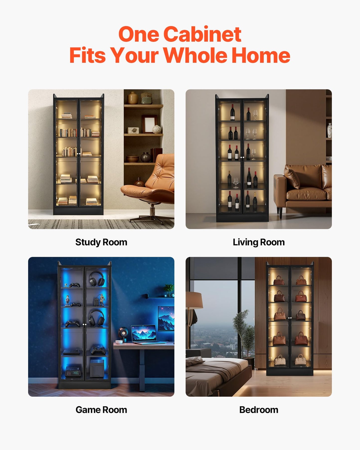 VEVOR Display Cabinet with Doors, 67in Tall Display Case with 2 Adjustable Shelves, 3 LED Lights, 5-Tier Curio Collectibles Storage Cabinet, Bookshelf Bookcase for Pantry Bedroom Living Room Office