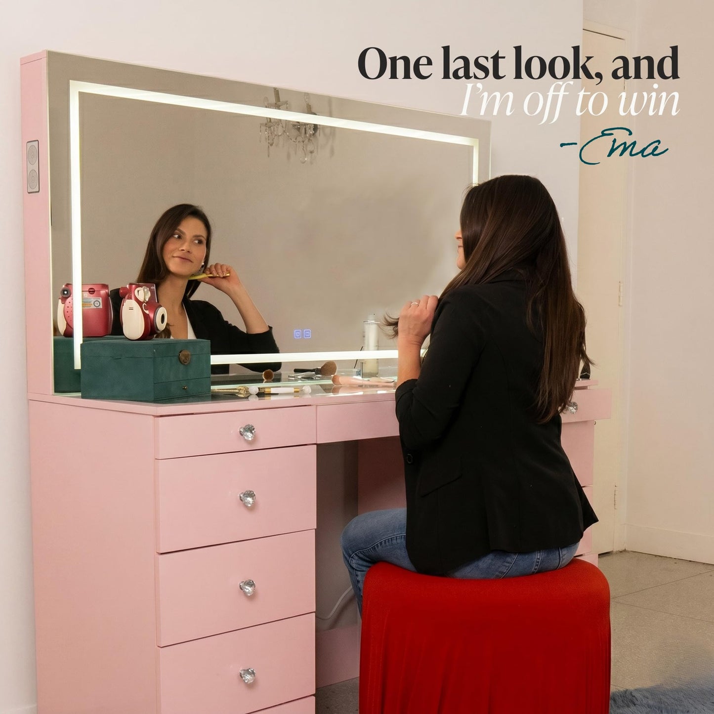 Boahaus Elara Extra-Large Vanity Desk with LED Mirror – Complete Makeup Station with Integrated Power & Built-in Speakers