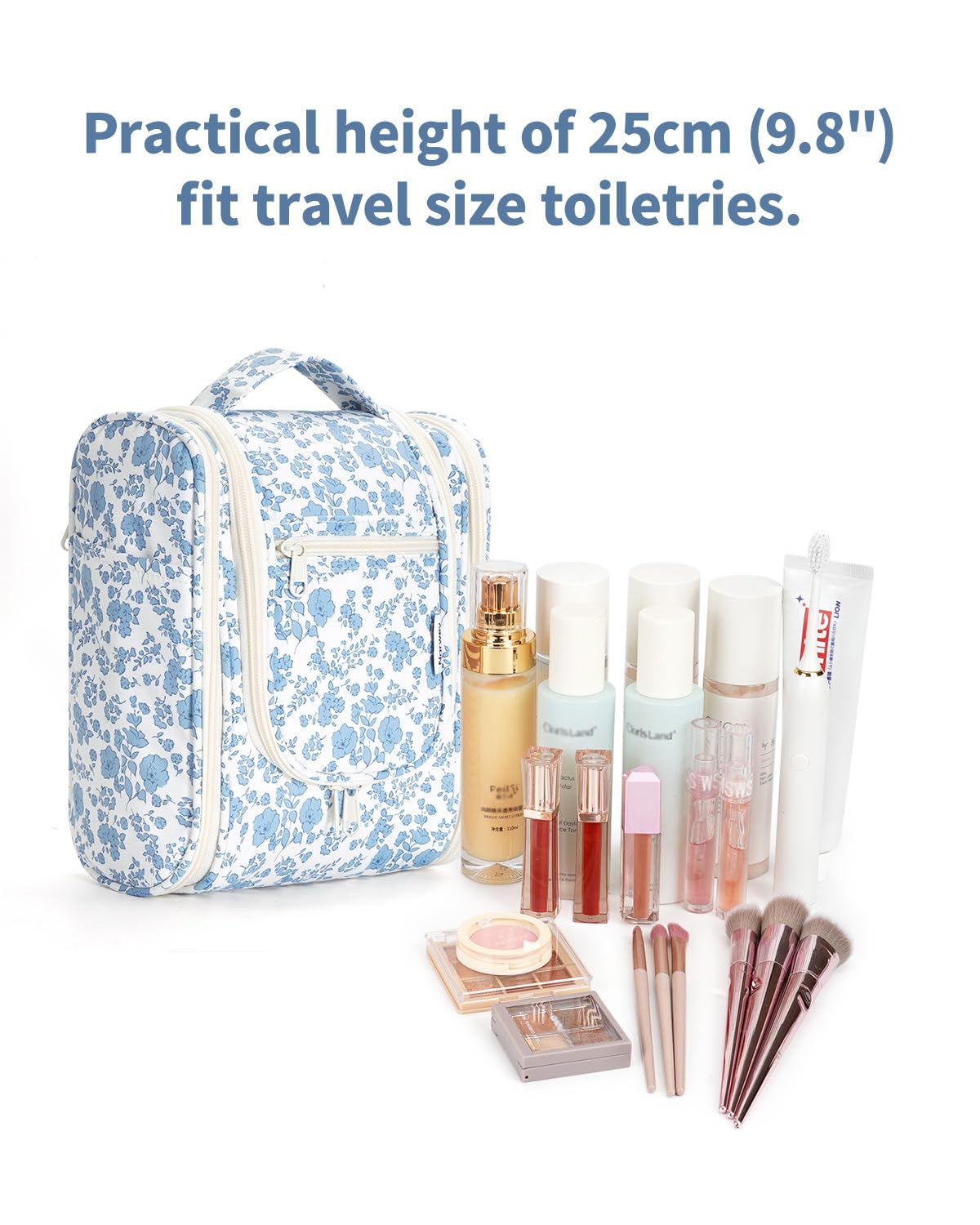 Narwey Hanging Toiletry Bag Women Travel Makeup Bag Organizer Toiletries Bag for Travel Size Essentials Accessories Cosmetics (Medium,Blue Flower)
