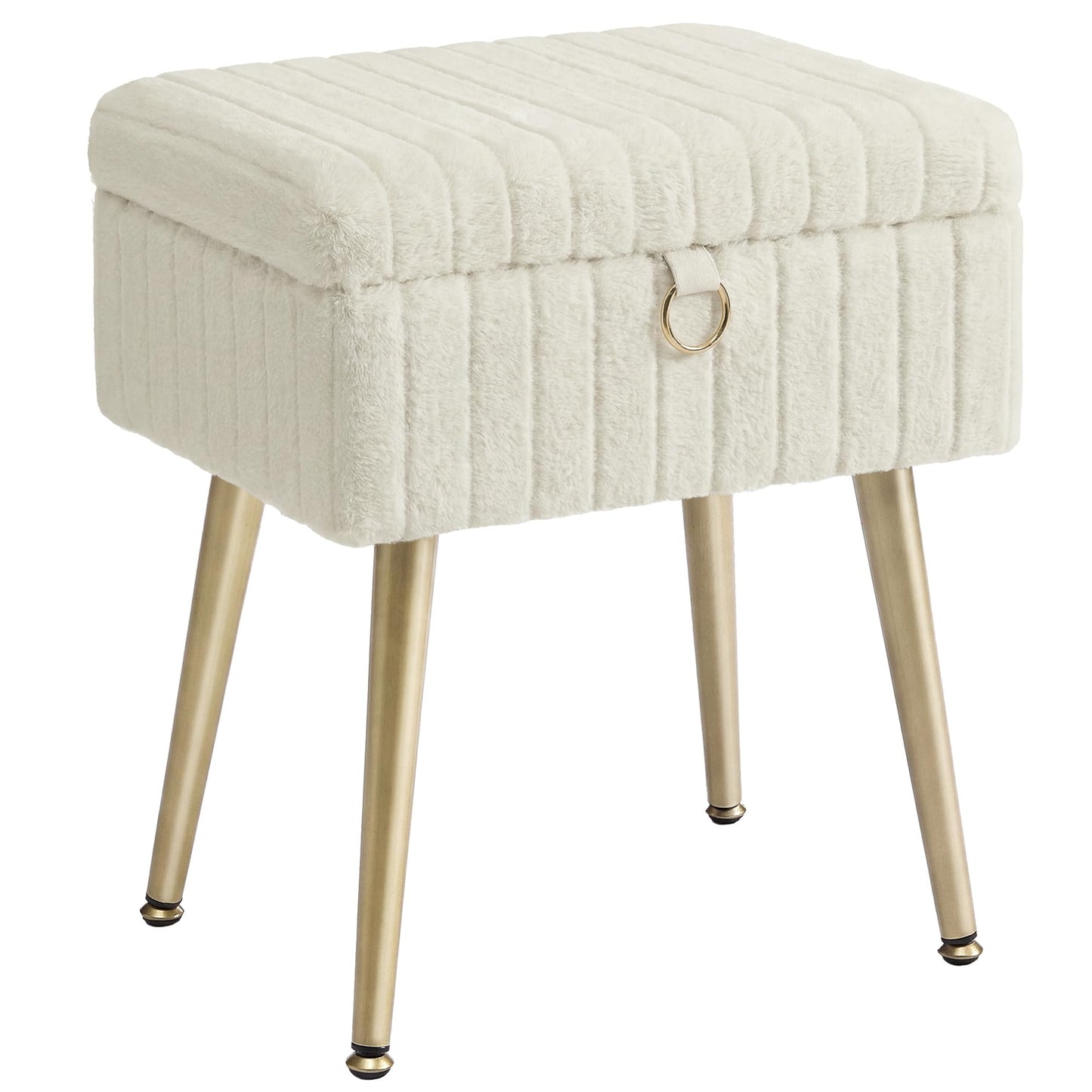 SONGMICS Vanity Stool Chair Faux Fur with Storage, Vanity Bench, Metal Legs, Adjustable Feet, for Living Room, Bedroom, Makeup Room, Cappuccino Beige ULOM505LZ02