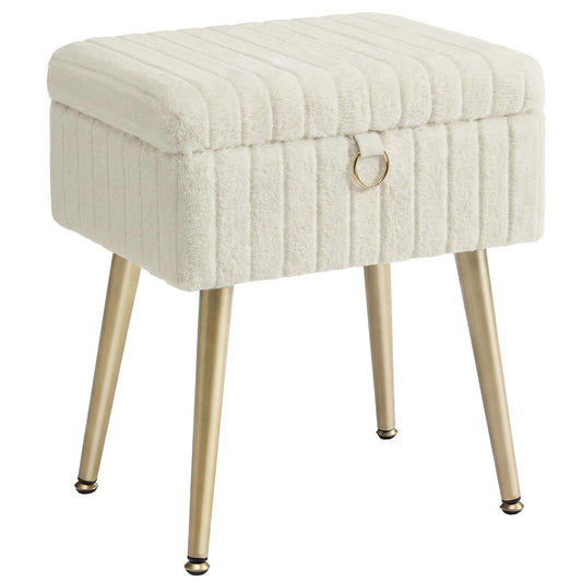 SONGMICS Vanity Stool Chair Faux Fur with Storage, Vanity Bench, Metal Legs, Adjustable Feet, for Living Room, Bedroom, Makeup Room, Cappuccino Beige ULOM505LZ02