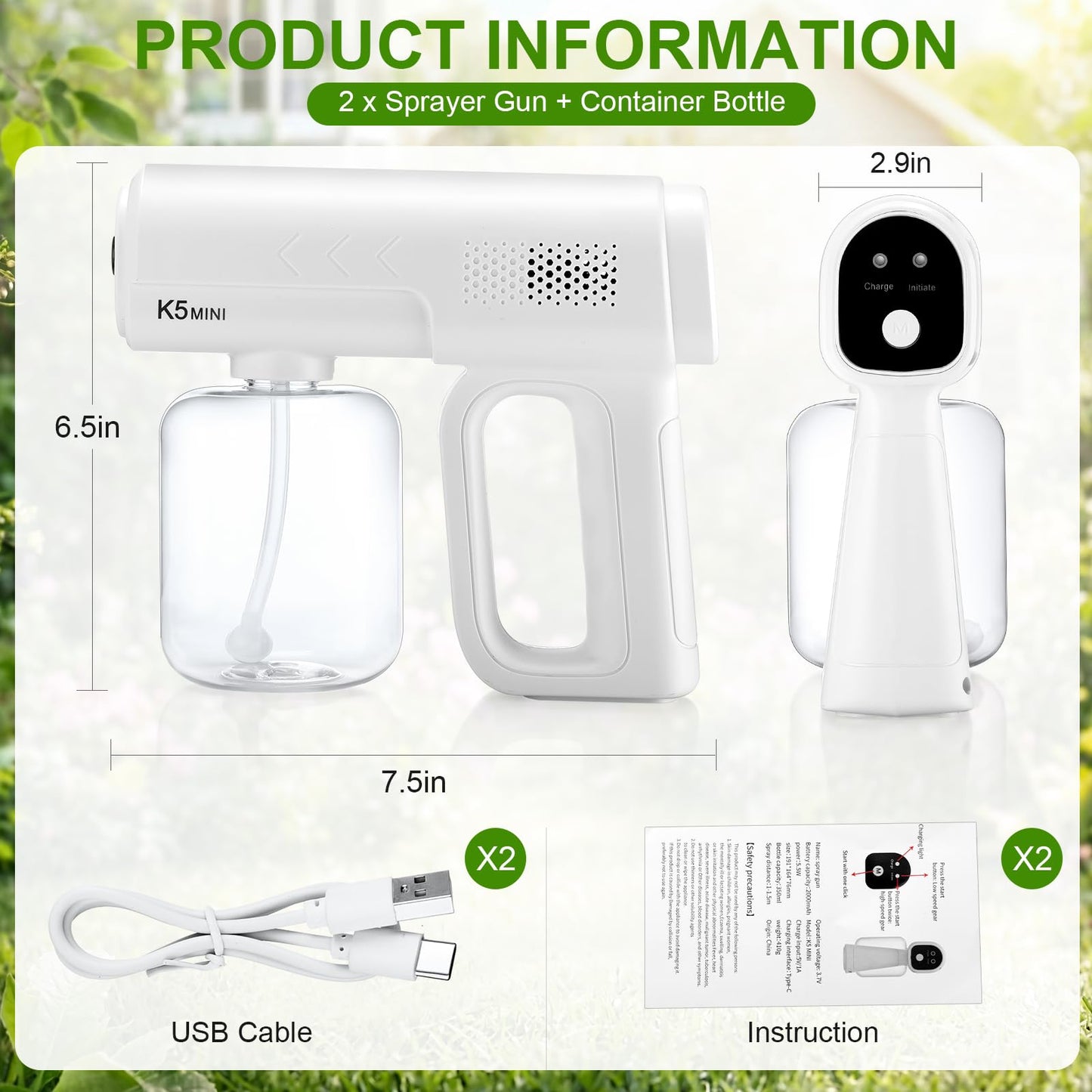 2 Pack Rechargeable Atomizer Nano Sprayer Gun for Mosquito Repellent Handheld Nano Mist Garden Repellent Sprayer Portable Plant Mister Tool Large Capacity Electric Fogger for Home Office Garden