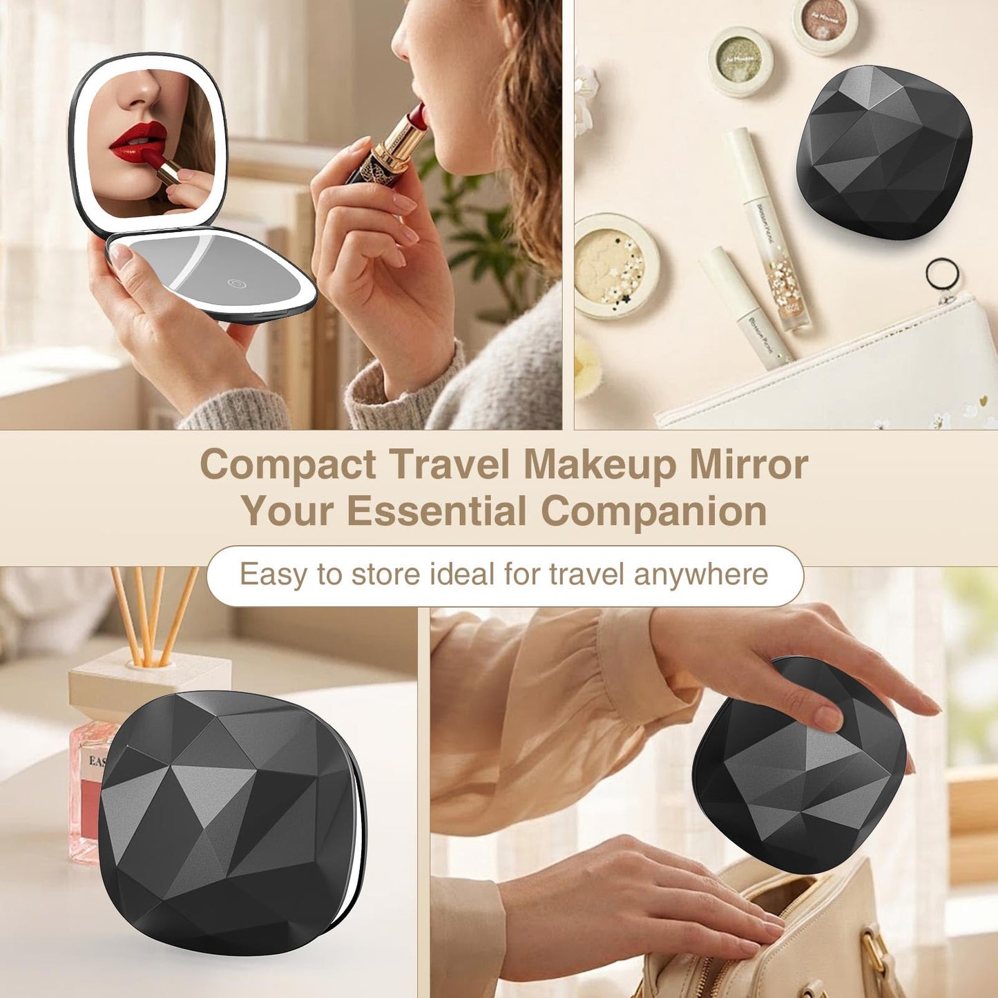Poryled Travel Makeup Mirror with Light, 10X/1X Magnifying Compact Mirror for Purse, Portable Double Sided Folding Pocket Size, Dimmable LED & USB Rechargeable(Black)