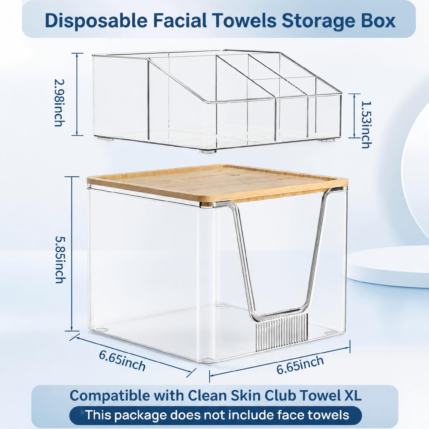 Disposable Facial Towel Holder Compatible with Clean Skin Club Face Towels XL, 2 Tier Clear Cosmetic Storage Box with Bamboo Lid, Skincare Organizers for Vanity Bathroom Countertop, 1 Pack