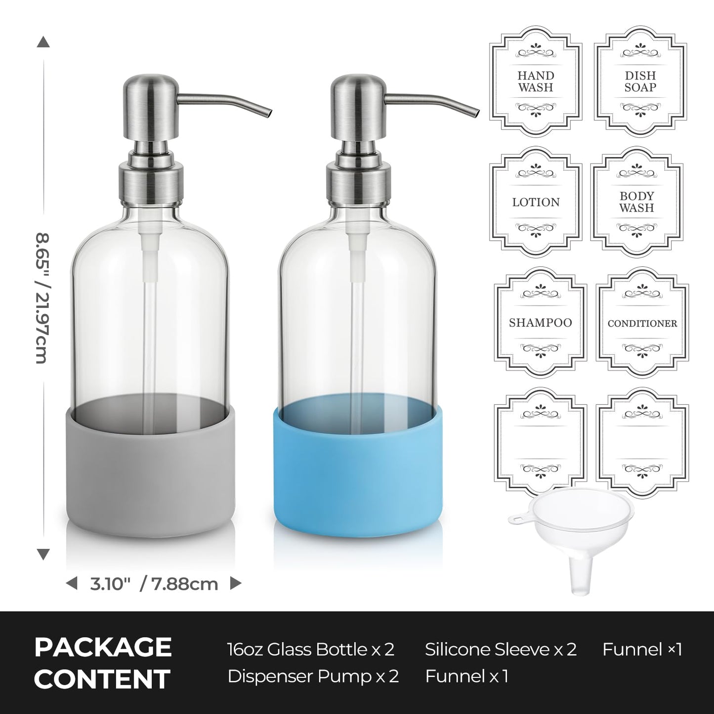 Homepicker 16 oz Hand and Dish Soap Dispenser Set for Kitchen and Bathroom, 500ml Clear Glass Soap Dispenser with Stainless Steel Pump, Non-Slip Silicone Sleeves, Labels - 2 Pack