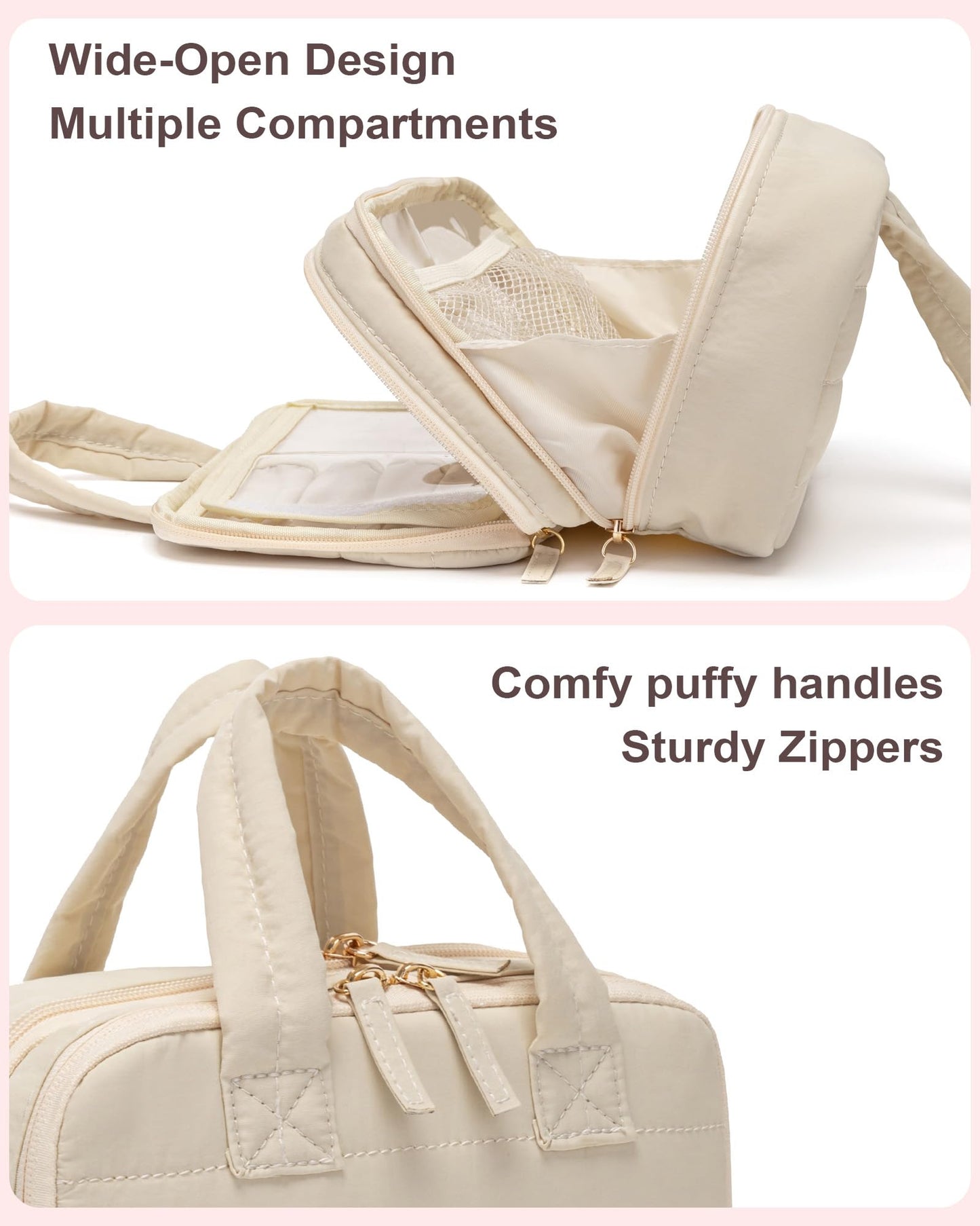 XIAOLER Small Makeup Bag, Travel Cosmetic bag, Toiletry Bag For Women, Make up Bag With Brush Storage, Hanging Toiletry Bag, Puffy Padded Makeup Organizer Case, Wide-open Travel Essentials (Beige)