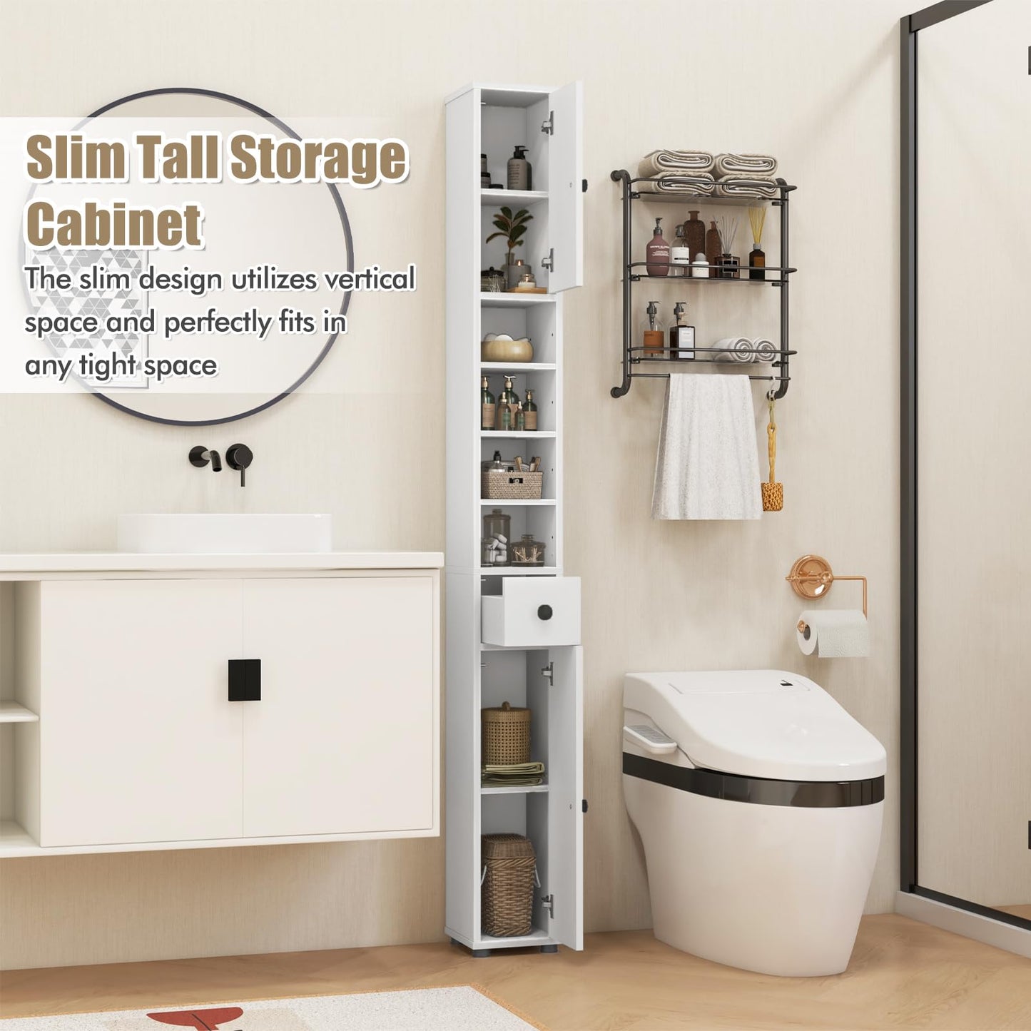 Giantex Slim Bathroom Storage Cabinet - 71” Tall Narrow Floor Cabinet Cupboard with 2 Doors, 5 Adjustable Shelves, 1 Drawer, Anti-Tipping Device, Thin Linen Tower Cabinet for Living Room (1, White)