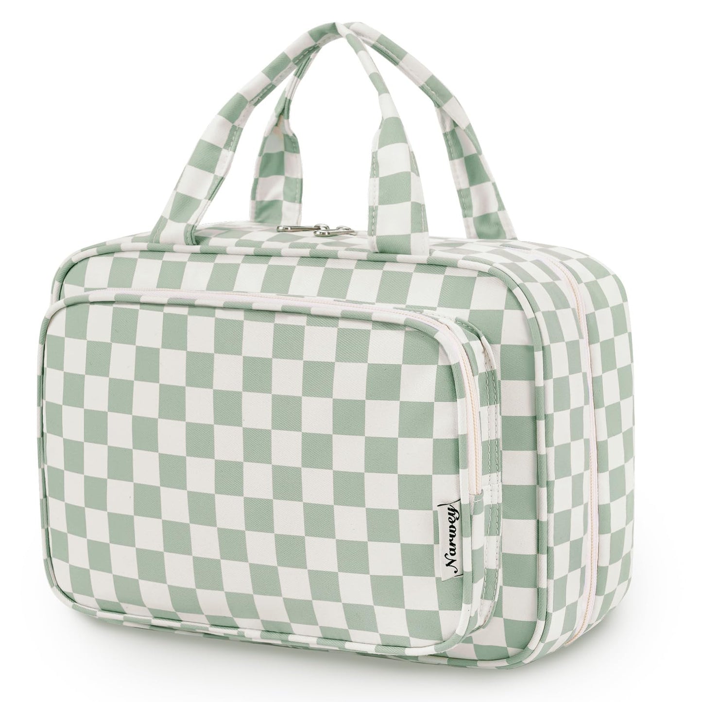 Narwey Travel Toiletry Bag for Women Large Capacity, Hanging Makeup Bag Organizer Toiletries Bag for Full Size Essentials, Accessories, Brushes, Cosmetics (Mint Green Checkerboard (Large))